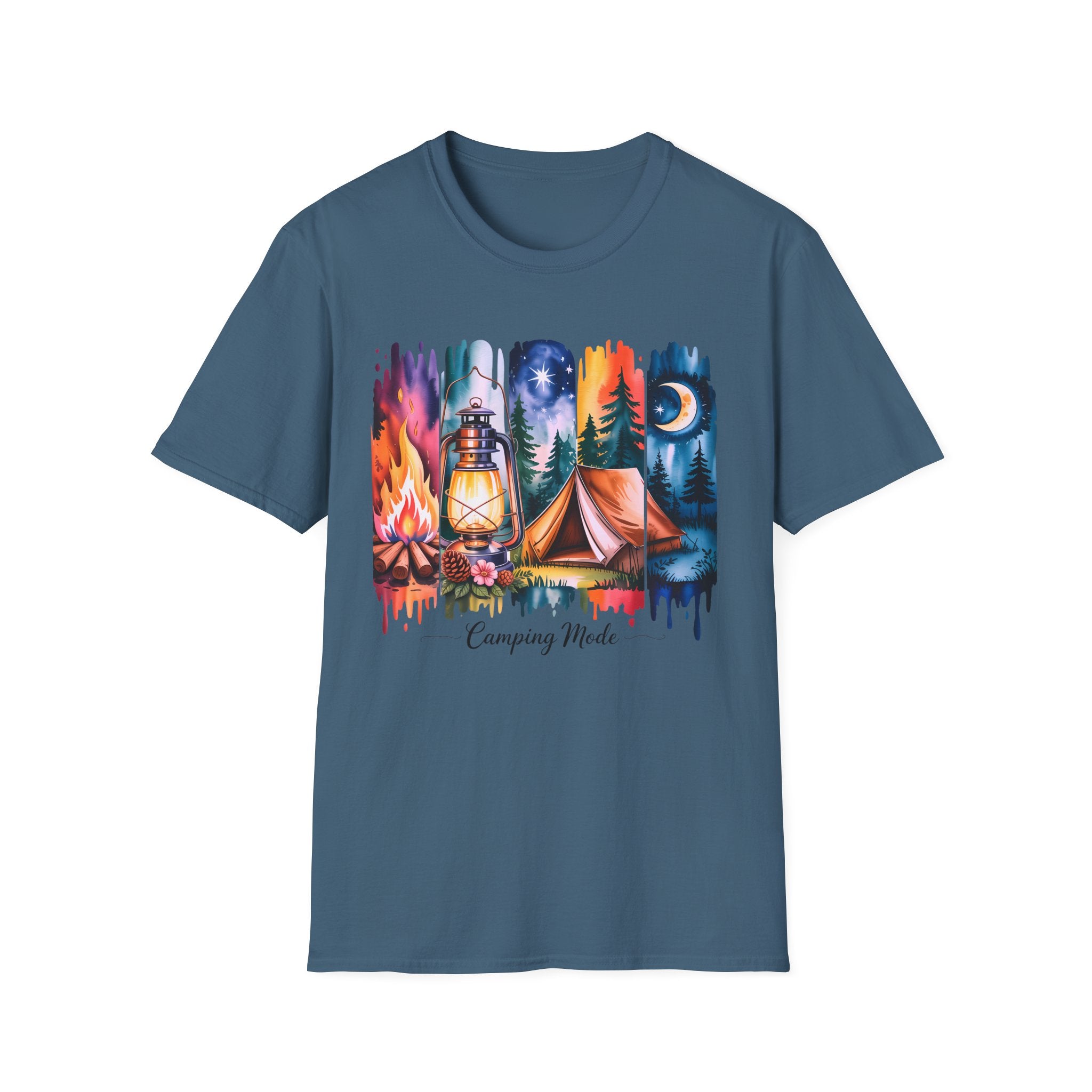 Camping Mode T-Shirt — Watercolor Campfire Lantern Tent Graphic Tee