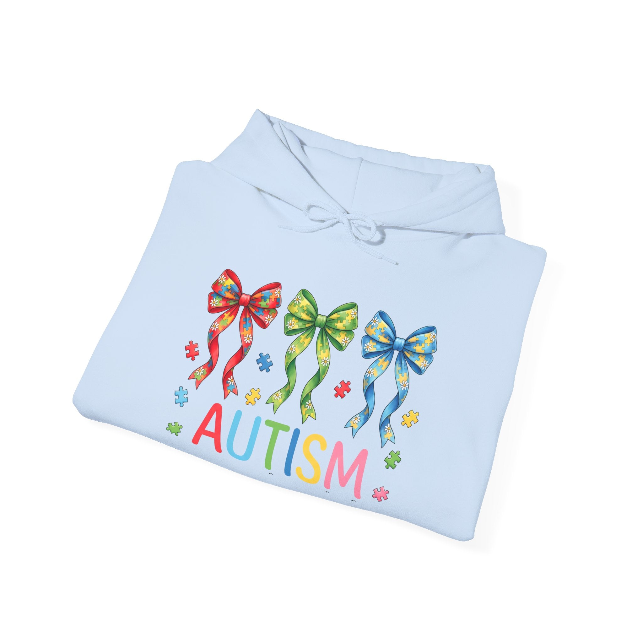 Autism Awareness Hoodie — Rainbow Puzzle Bows Design