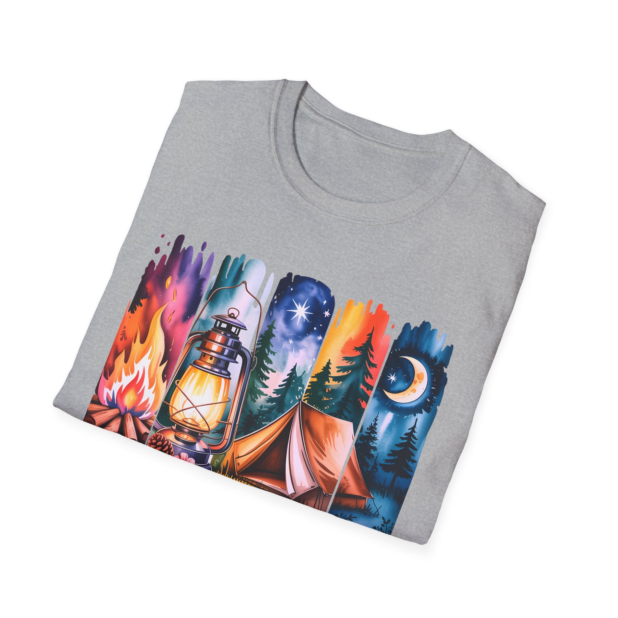 Camping Mode T-Shirt — Watercolor Campfire Lantern Tent Graphic Tee