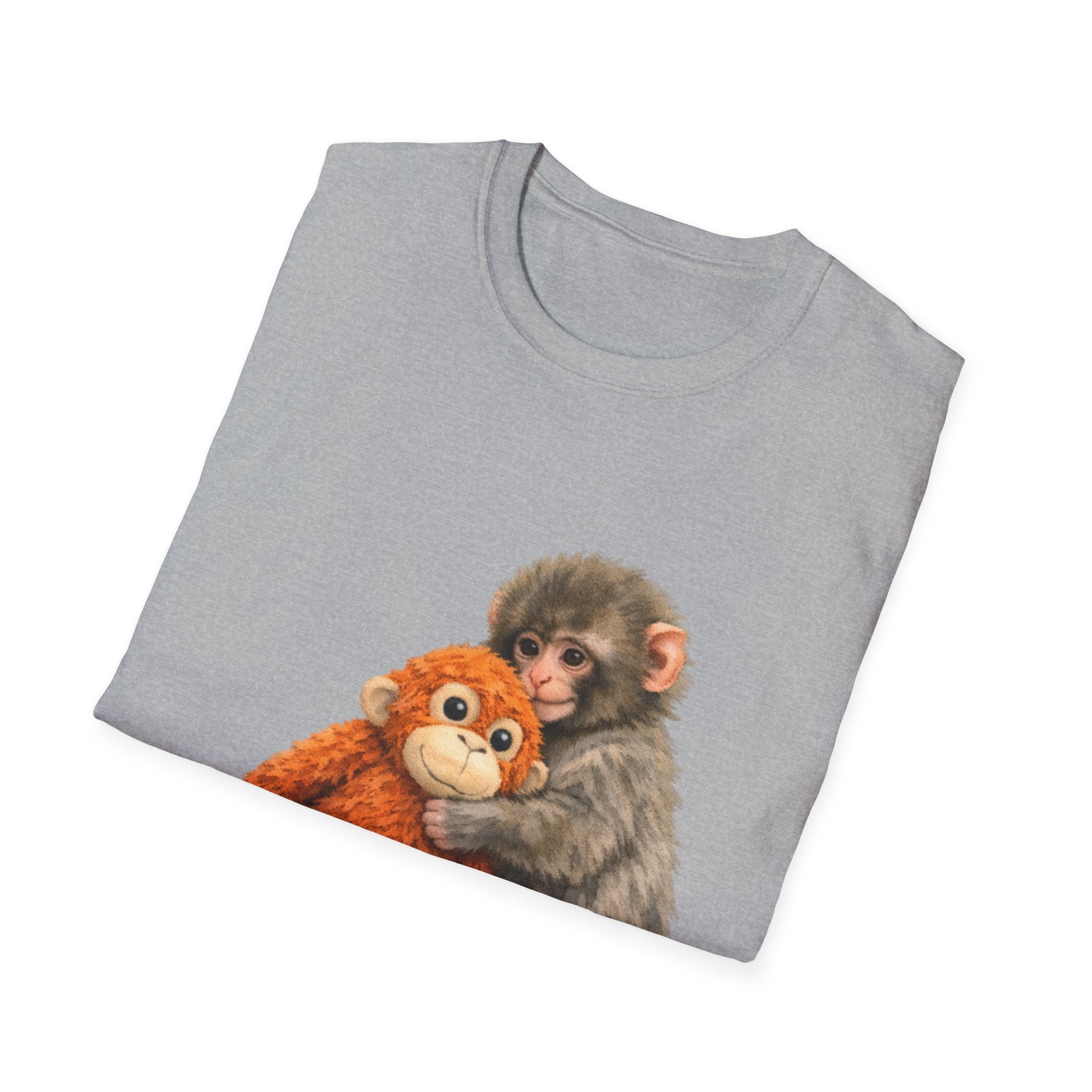 Chimpanzee with Stuffed Monkey T‑Shirt — Cute Baby Ape Holding Plush Tee