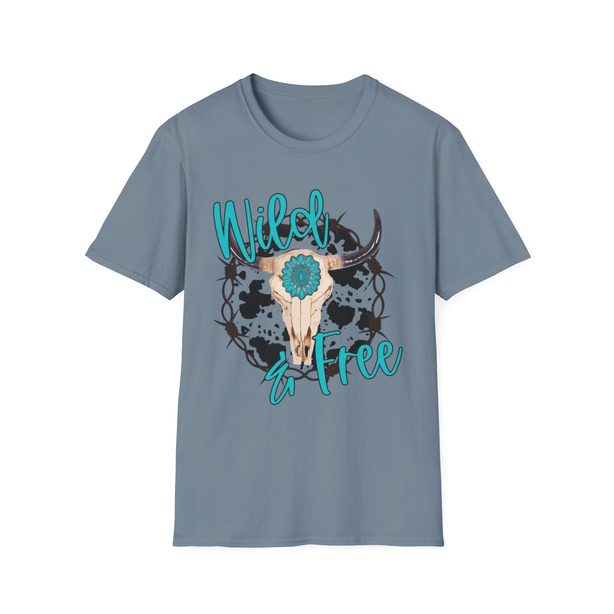 Wild & Free Cow Skull T-Shirt — Turquoise Boho Western Graphic Tee