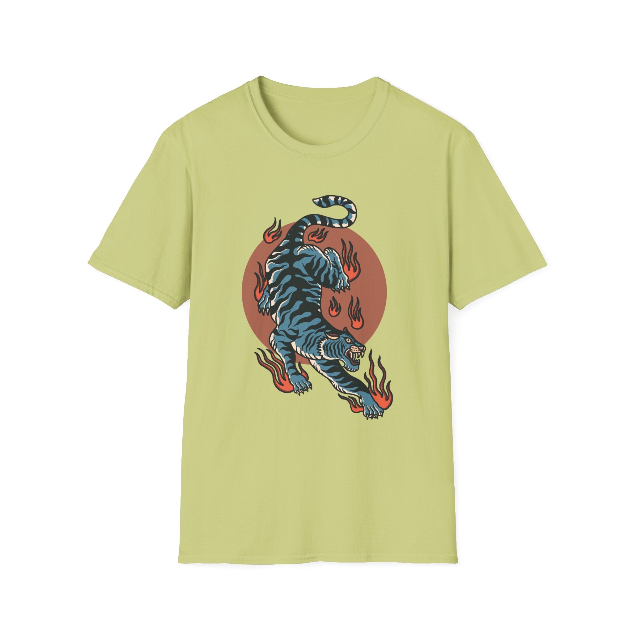 Tiger Blaze T-Shirt — Retro Flaming Tiger Graphic Tee