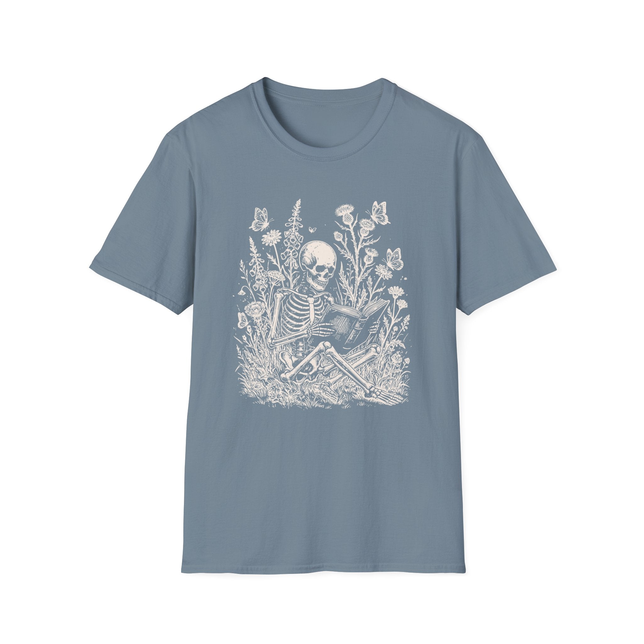 Skeleton Reading in Wildflowers T-Shirt — Gothic Floral Skull Tee