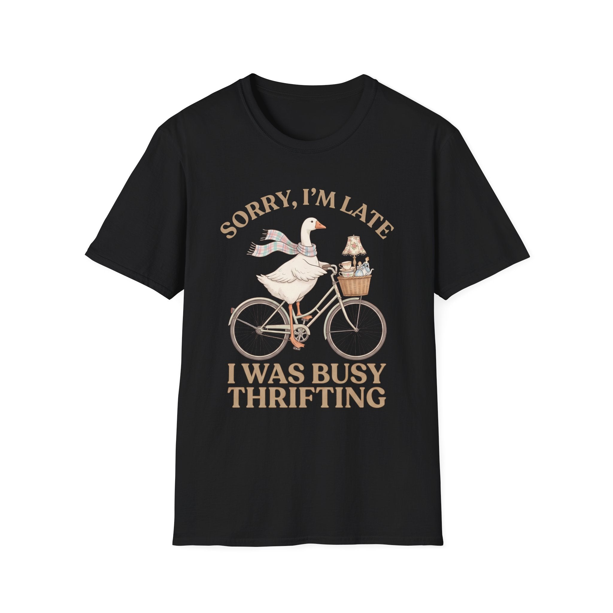 Thrifting Goose T‑Shirt — "Sorry I'm Late I Was Busy Thrifting" Vintage Bike Design