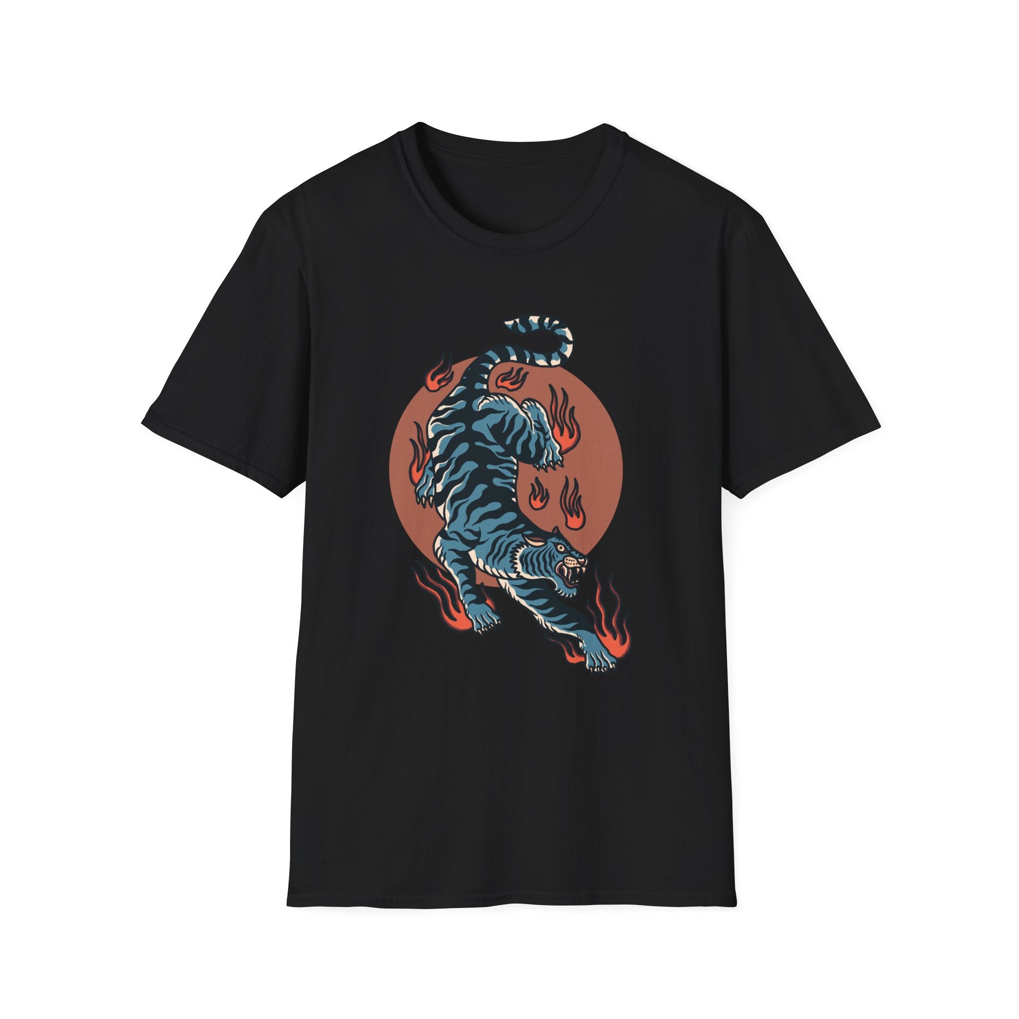 Tiger Blaze T-Shirt — Retro Flaming Tiger Graphic Tee