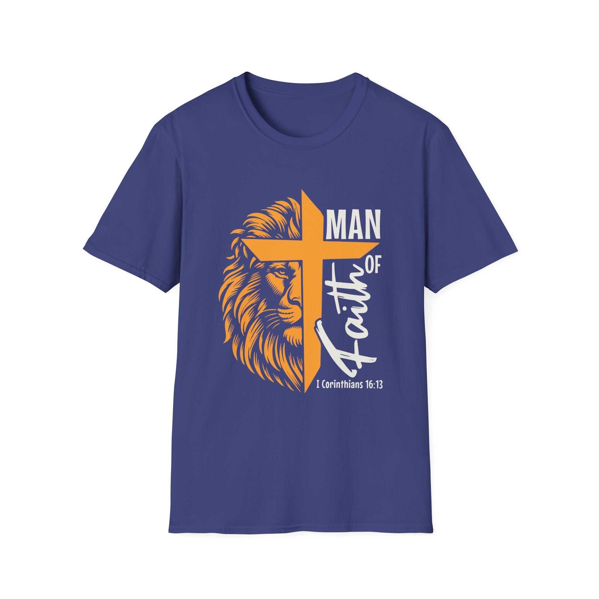 Man of Faith T-Shirt — Lion & Cross Christian Tee (1 Corinthians 16:13)