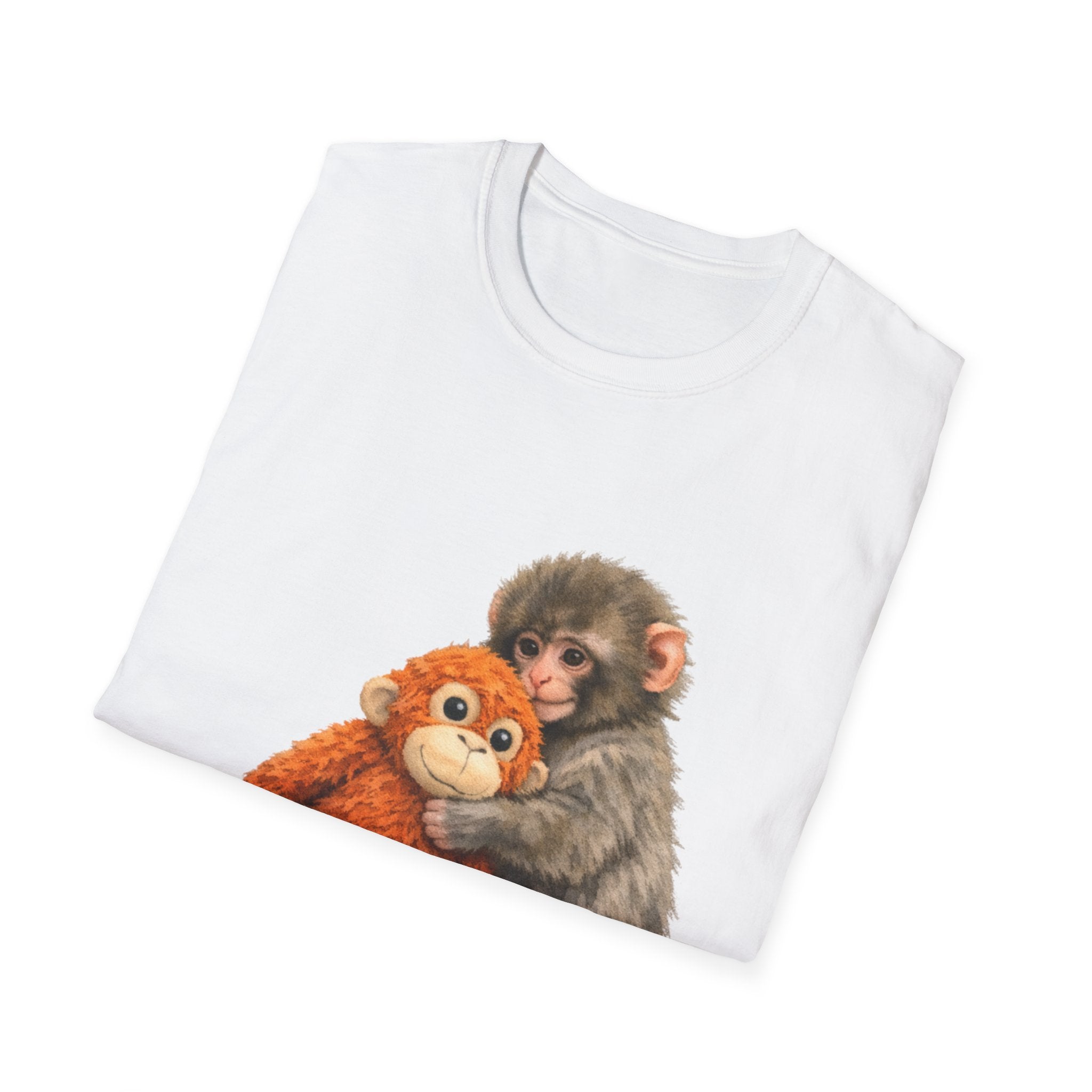 Chimpanzee with Stuffed Monkey T‑Shirt — Cute Baby Ape Holding Plush Tee