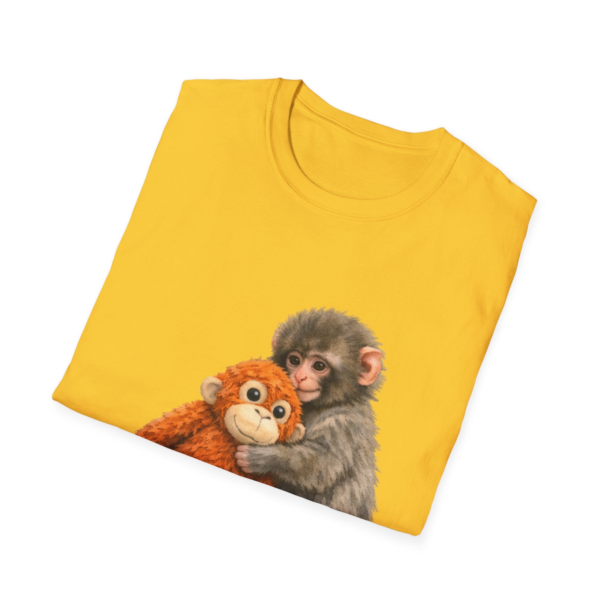 Chimpanzee with Stuffed Monkey T‑Shirt — Cute Baby Ape Holding Plush Tee