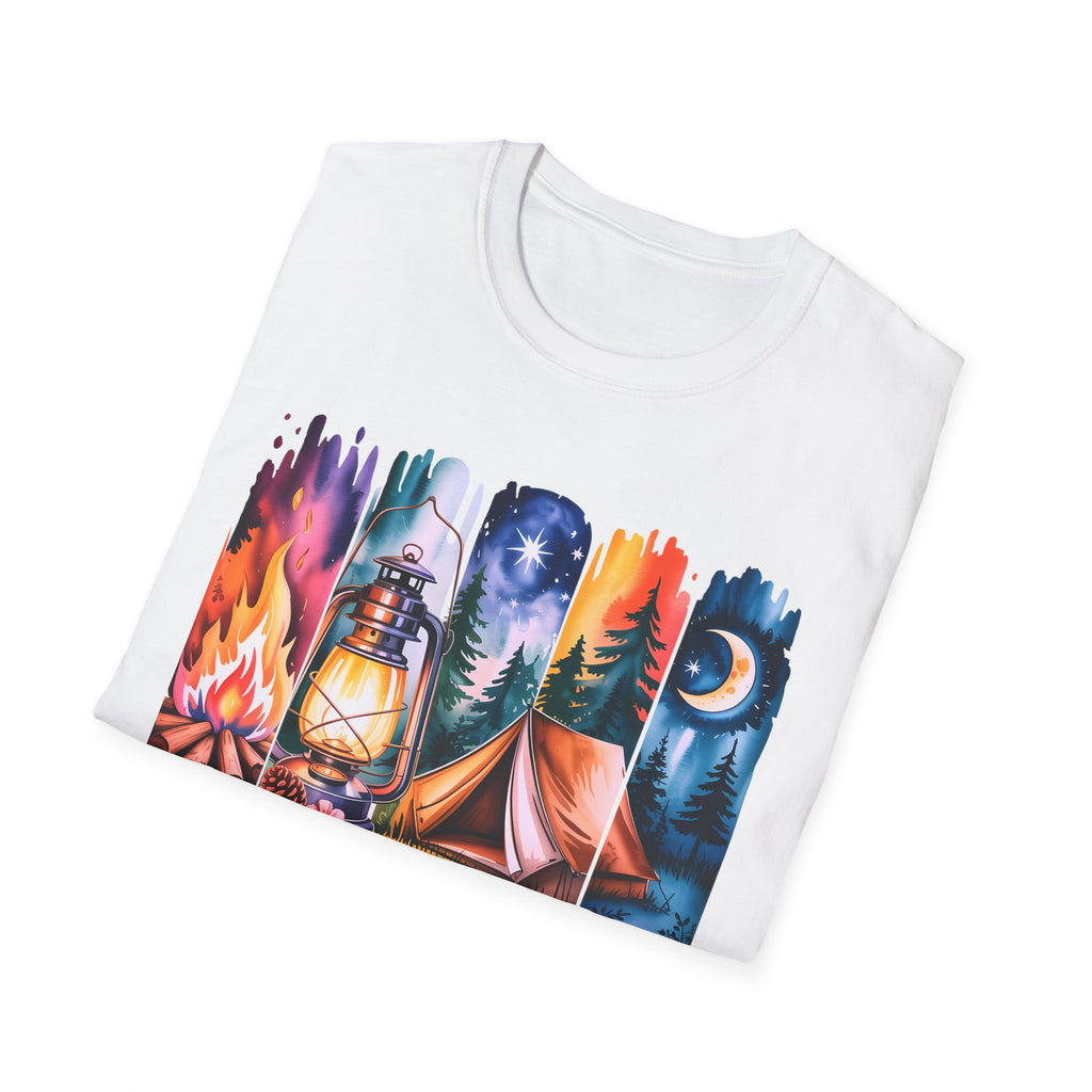 Camping Mode T-Shirt — Watercolor Campfire Lantern Tent Graphic Tee