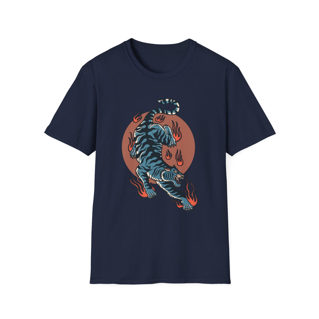 Tiger Blaze T-Shirt — Retro Flaming Tiger Graphic Tee