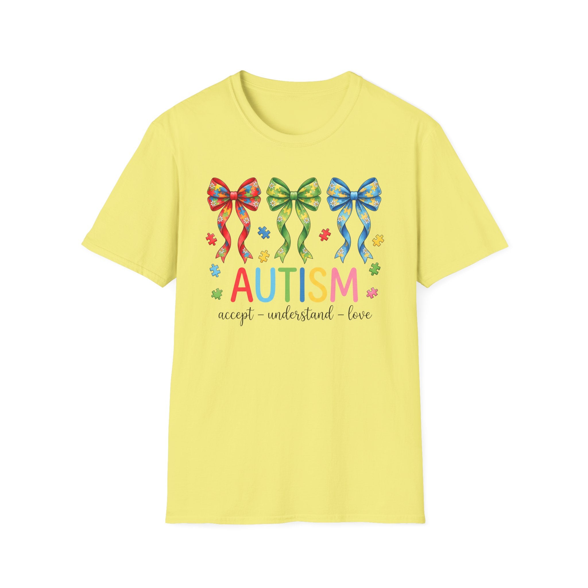 Autism Awareness T-Shirt — "Autism: Accept • Understand • Love" with Colorful Ribbon Bows