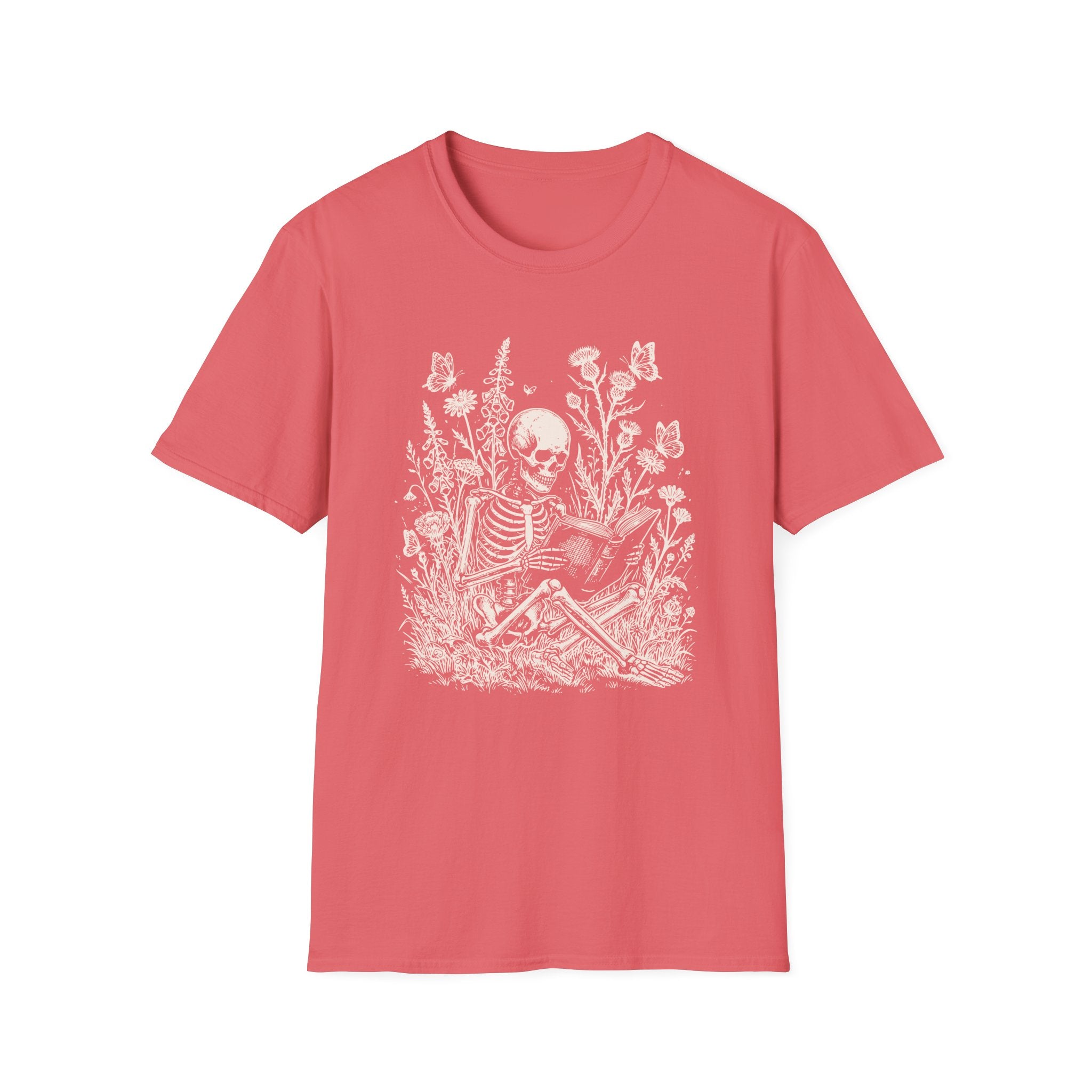 Skeleton Reading in Wildflowers T-Shirt — Gothic Floral Skull Tee