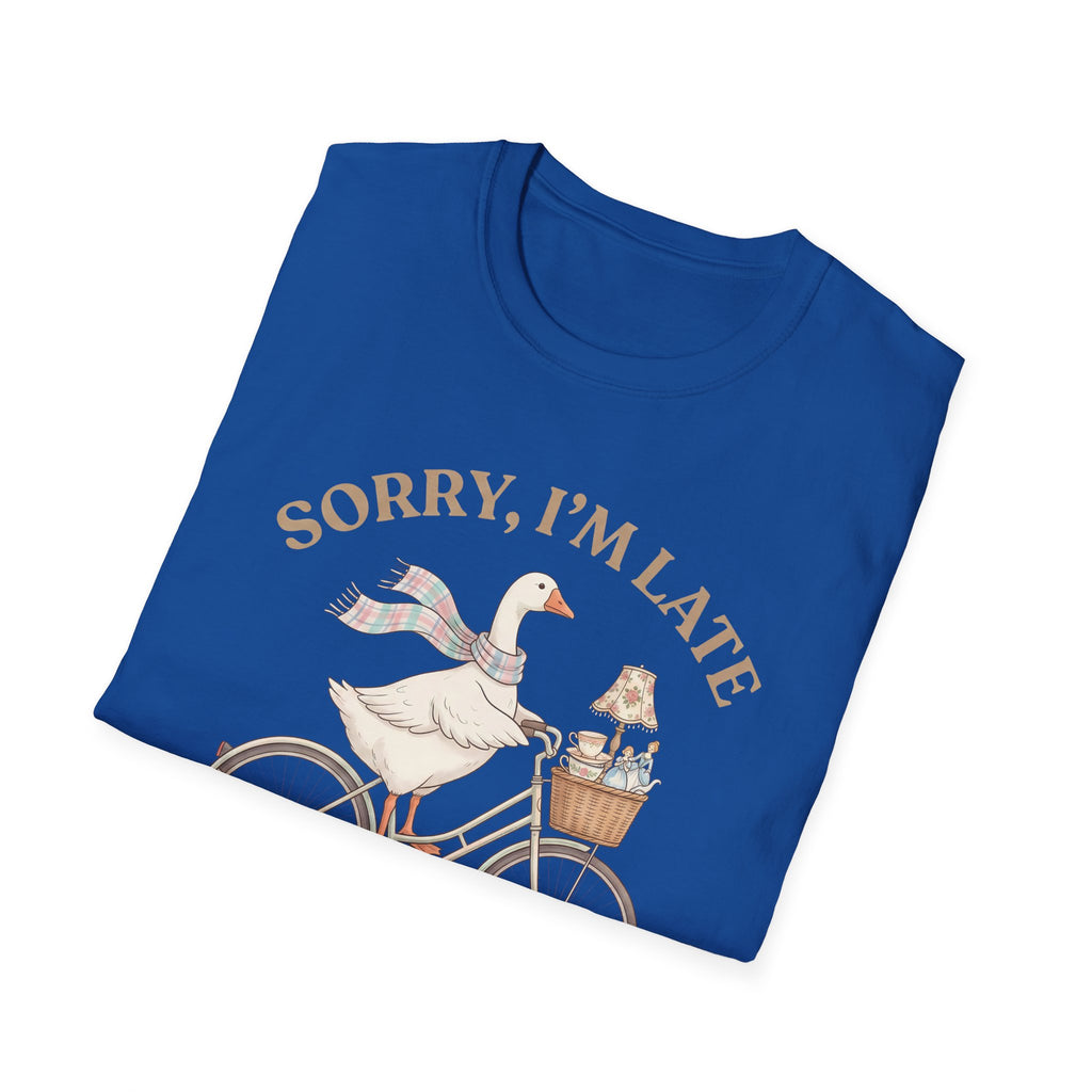 Thrifting Goose T‑Shirt — "Sorry I'm Late I Was Busy Thrifting" Vintage Bike Design