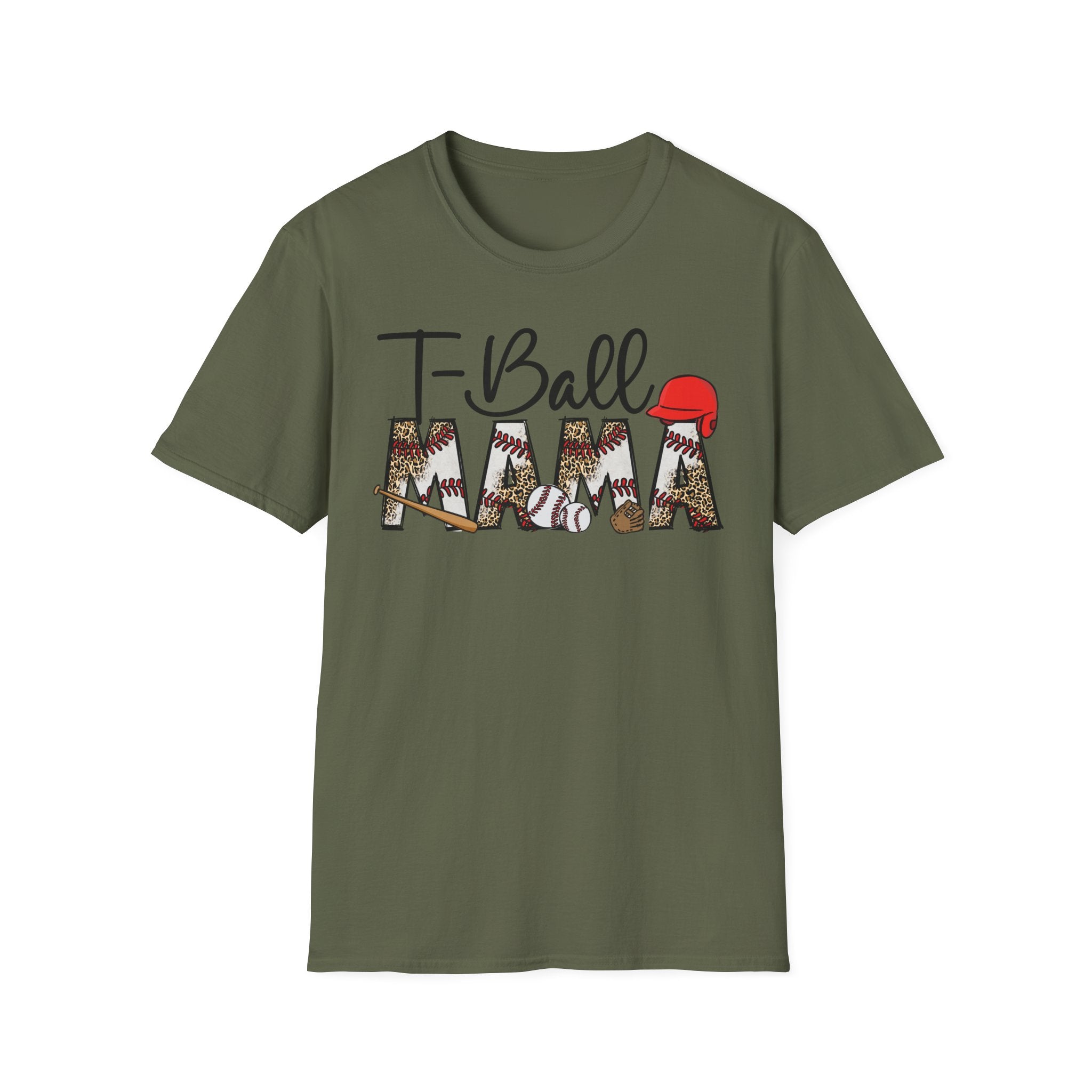 T‑Ball Mama T-Shirt — Leopard Print 'Mama' with Red Cap, Cute Sports Mom Tee