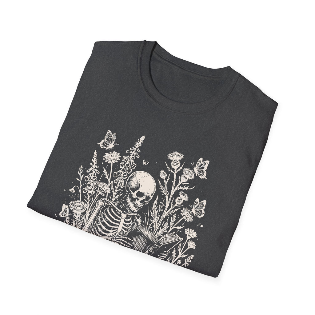 Skeleton Reading in Wildflowers T-Shirt — Gothic Floral Skull Tee