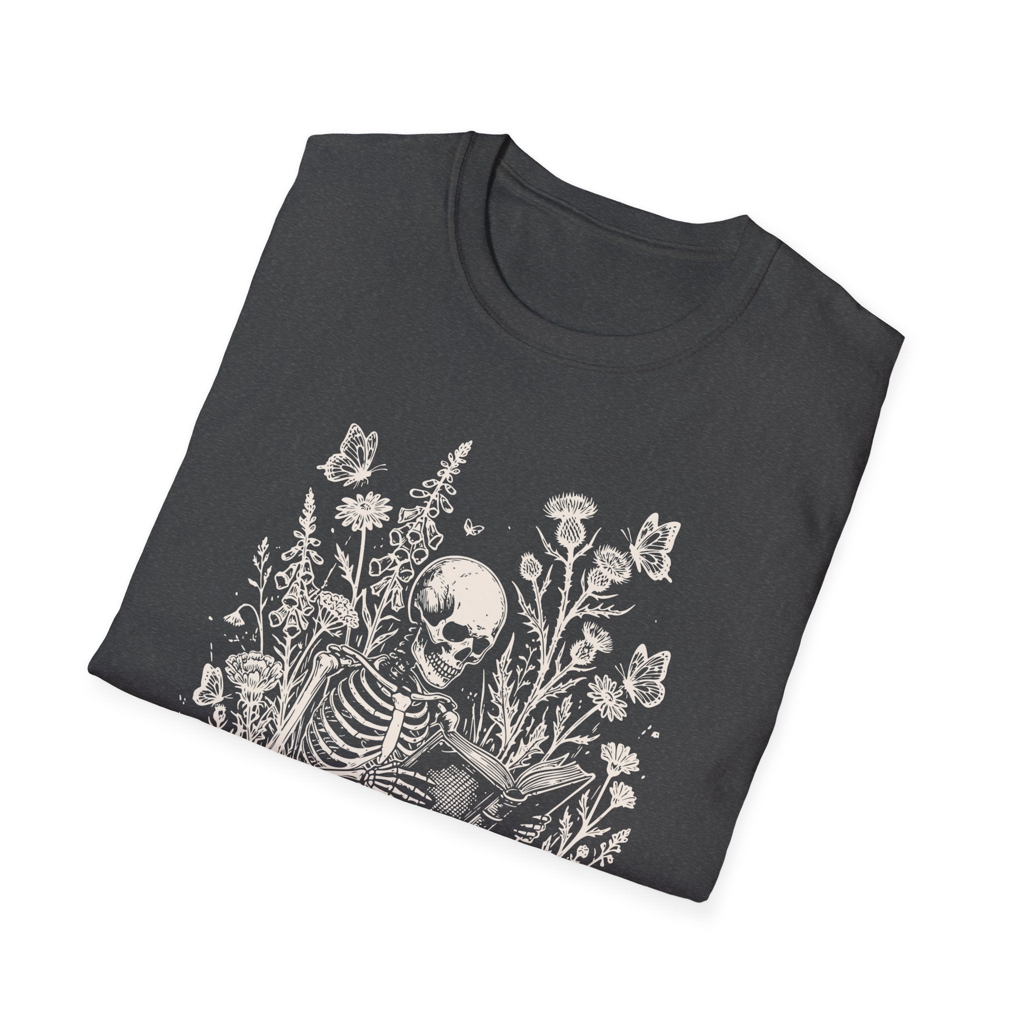 Skeleton Reading in Wildflowers T-Shirt — Gothic Floral Skull Tee