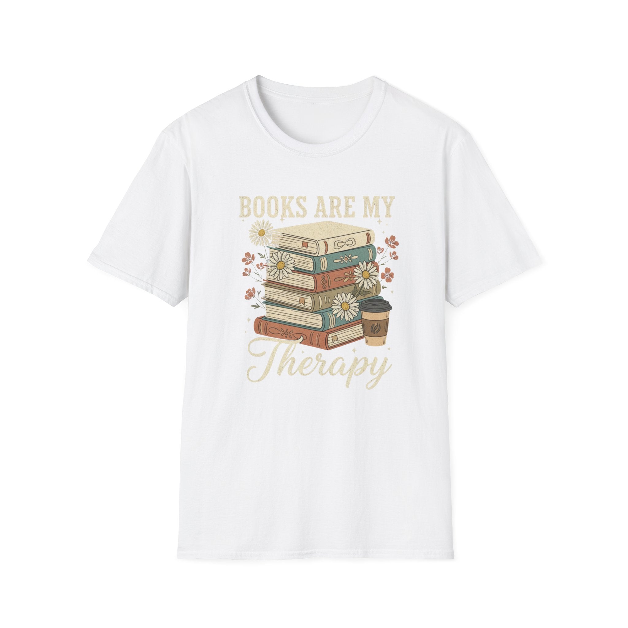 Books Are My Therapy T-Shirt — Stack of Books & Coffee Literary Tee