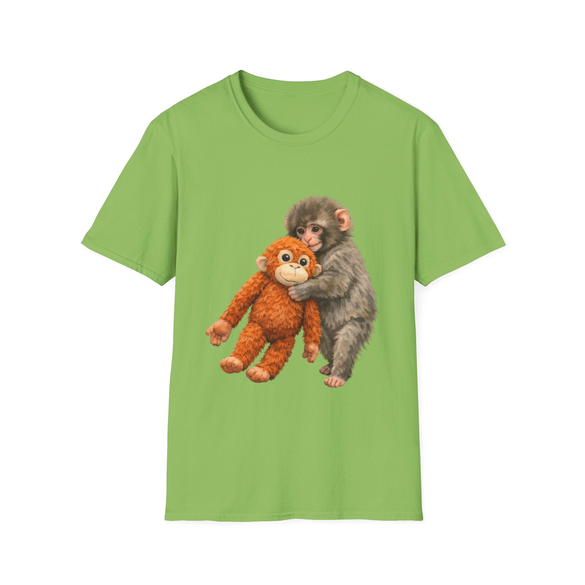 Chimpanzee with Stuffed Monkey T‑Shirt — Cute Baby Ape Holding Plush Tee