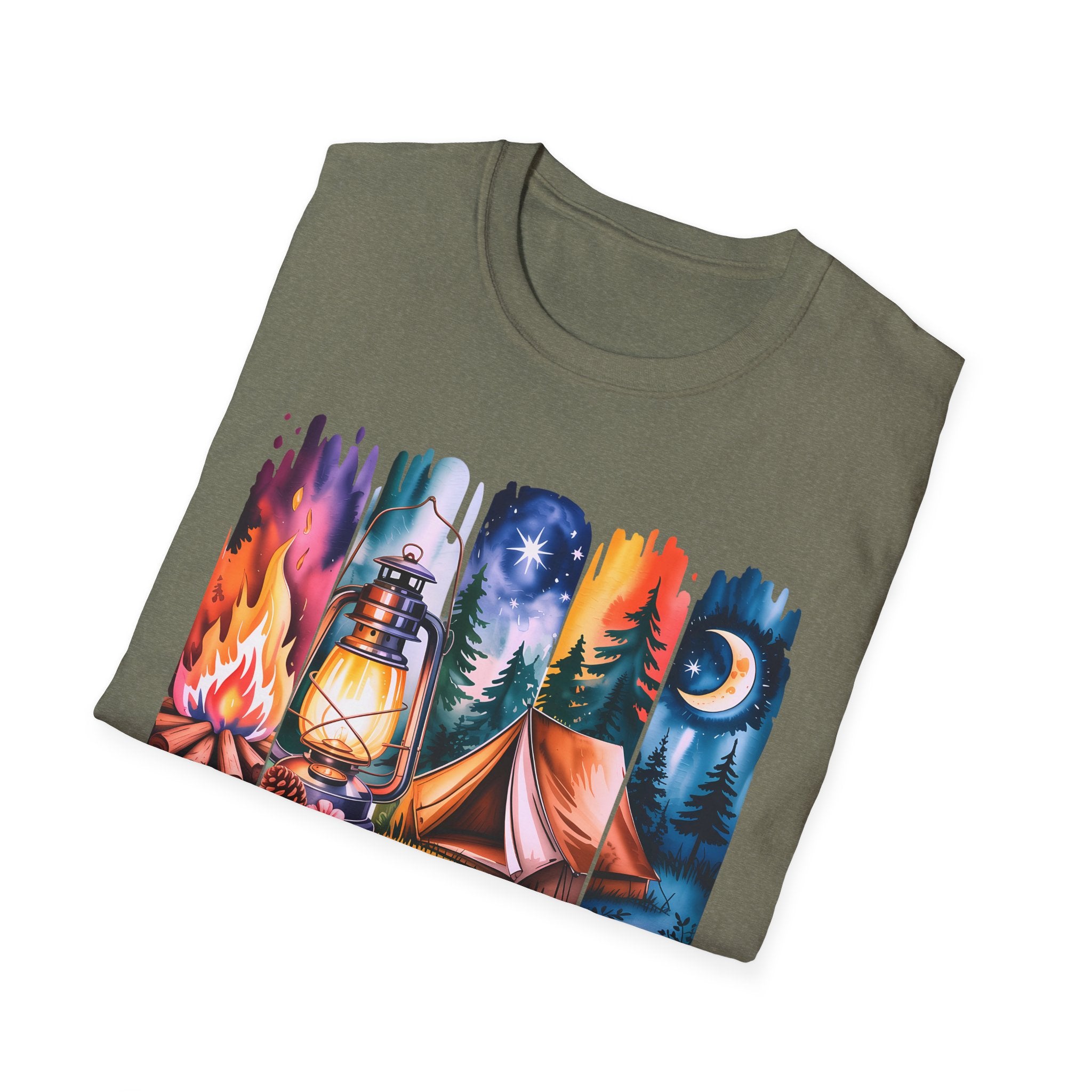 Camping Mode T-Shirt — Watercolor Campfire Lantern Tent Graphic Tee