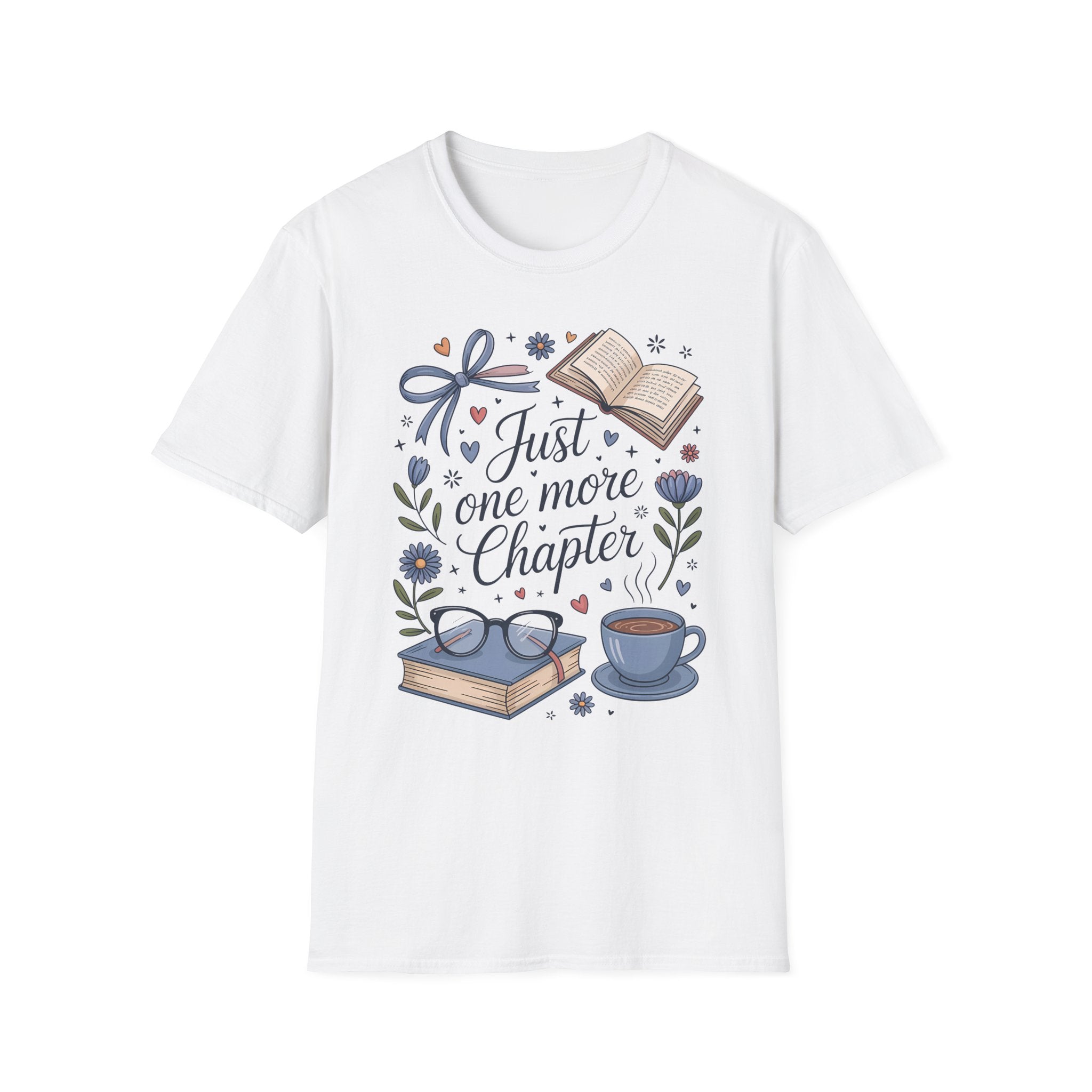T-Shirt — "Just One More Chapter" Book Lover Tee with Glasses & Coffee
