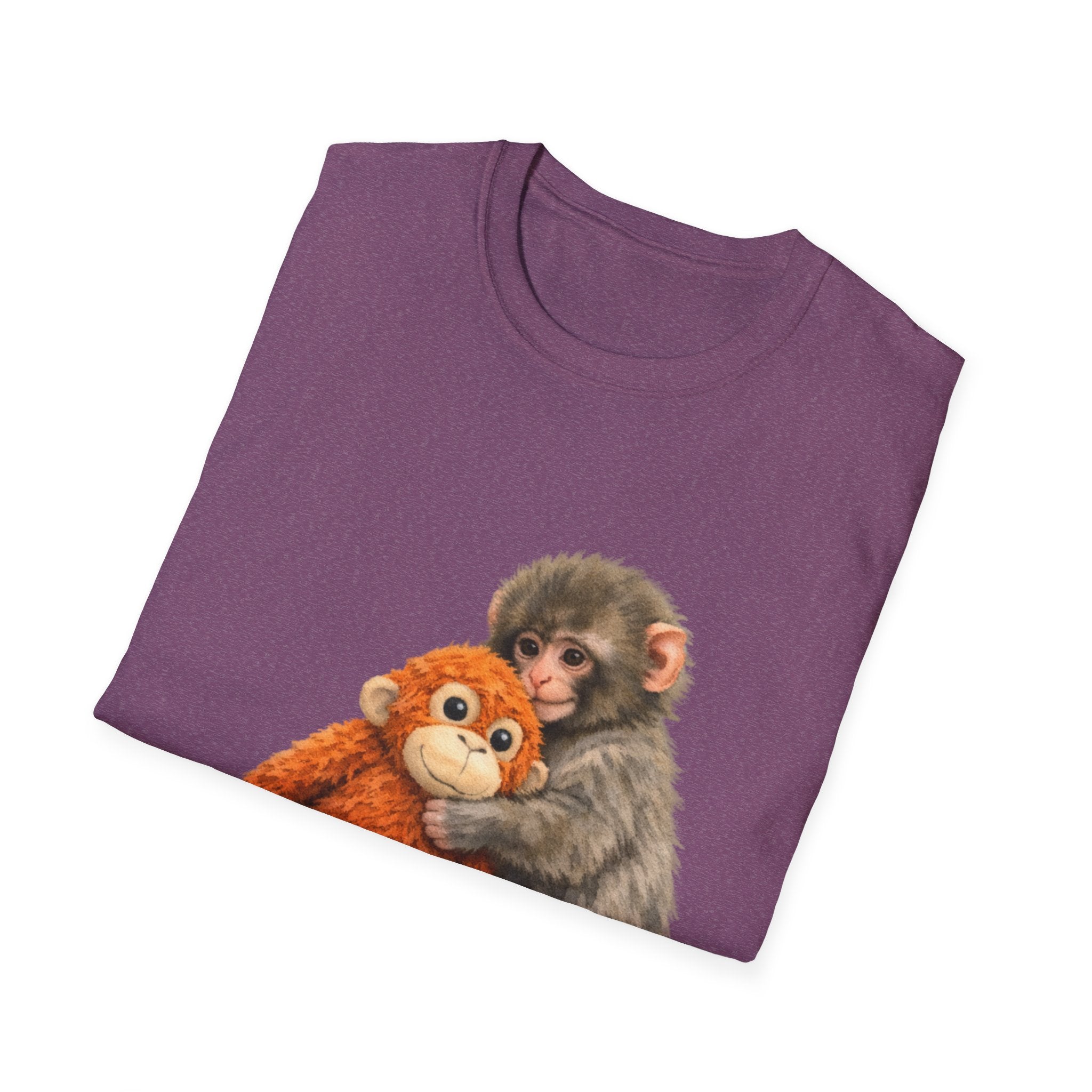 Chimpanzee with Stuffed Monkey T‑Shirt — Cute Baby Ape Holding Plush Tee