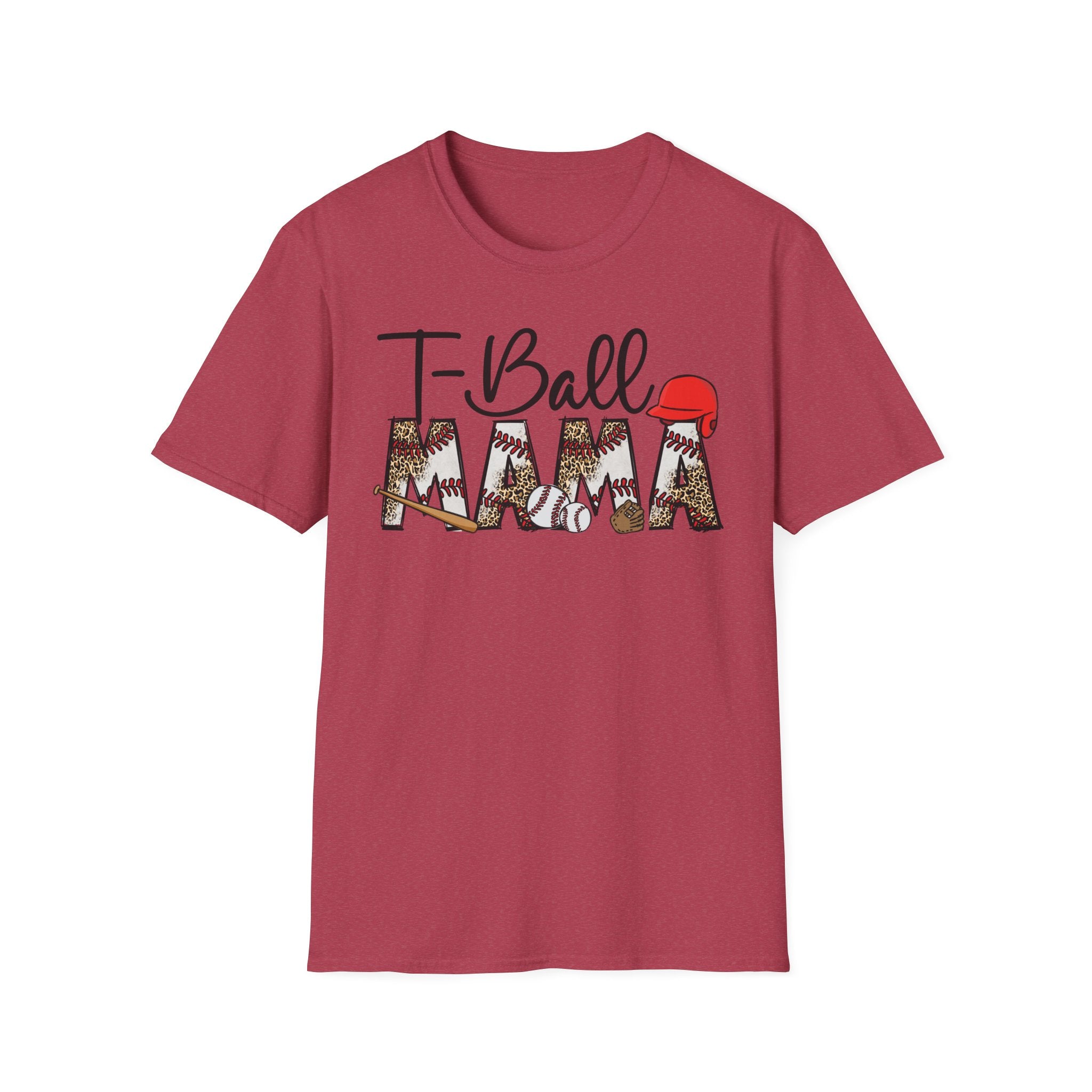 T‑Ball Mama T-Shirt — Leopard Print 'Mama' with Red Cap, Cute Sports Mom Tee