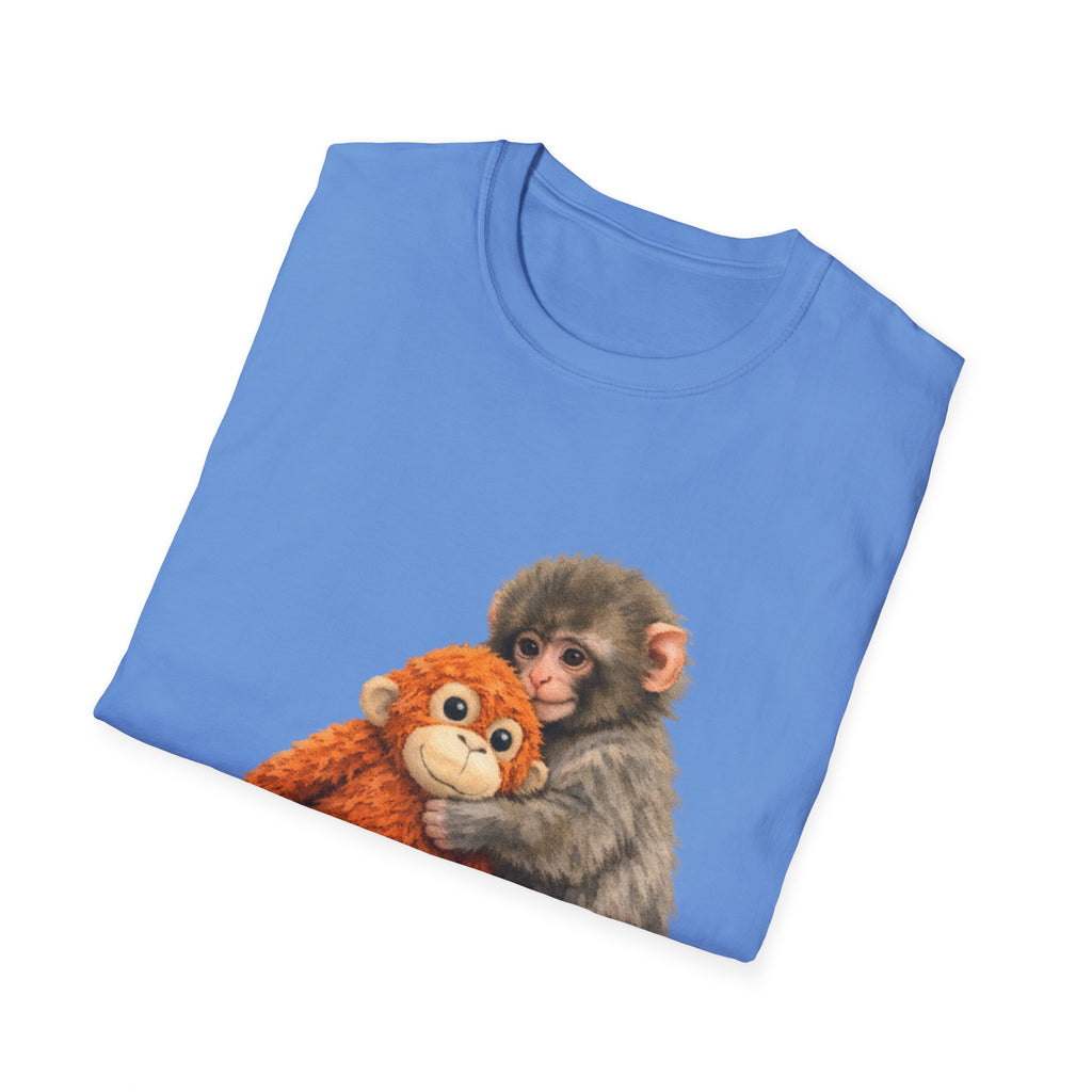 Chimpanzee with Stuffed Monkey T‑Shirt — Cute Baby Ape Holding Plush Tee