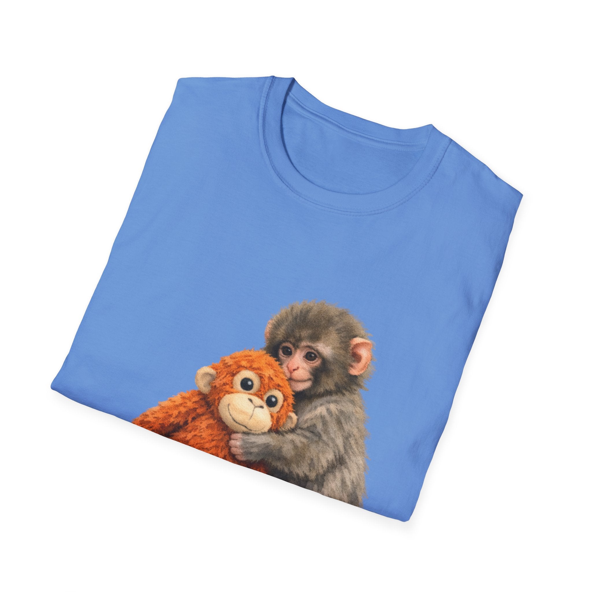Chimpanzee with Stuffed Monkey T‑Shirt — Cute Baby Ape Holding Plush Tee