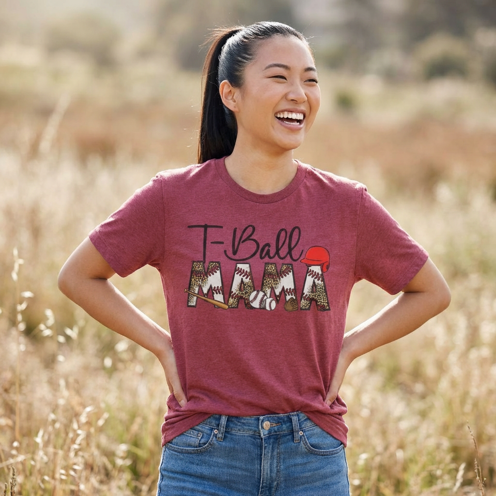 T‑Ball Mama T-Shirt — Leopard Print 'Mama' with Red Cap, Cute Sports Mom Tee