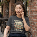 Books Are My Therapy T-Shirt — Stack of Books & Coffee Literary Tee