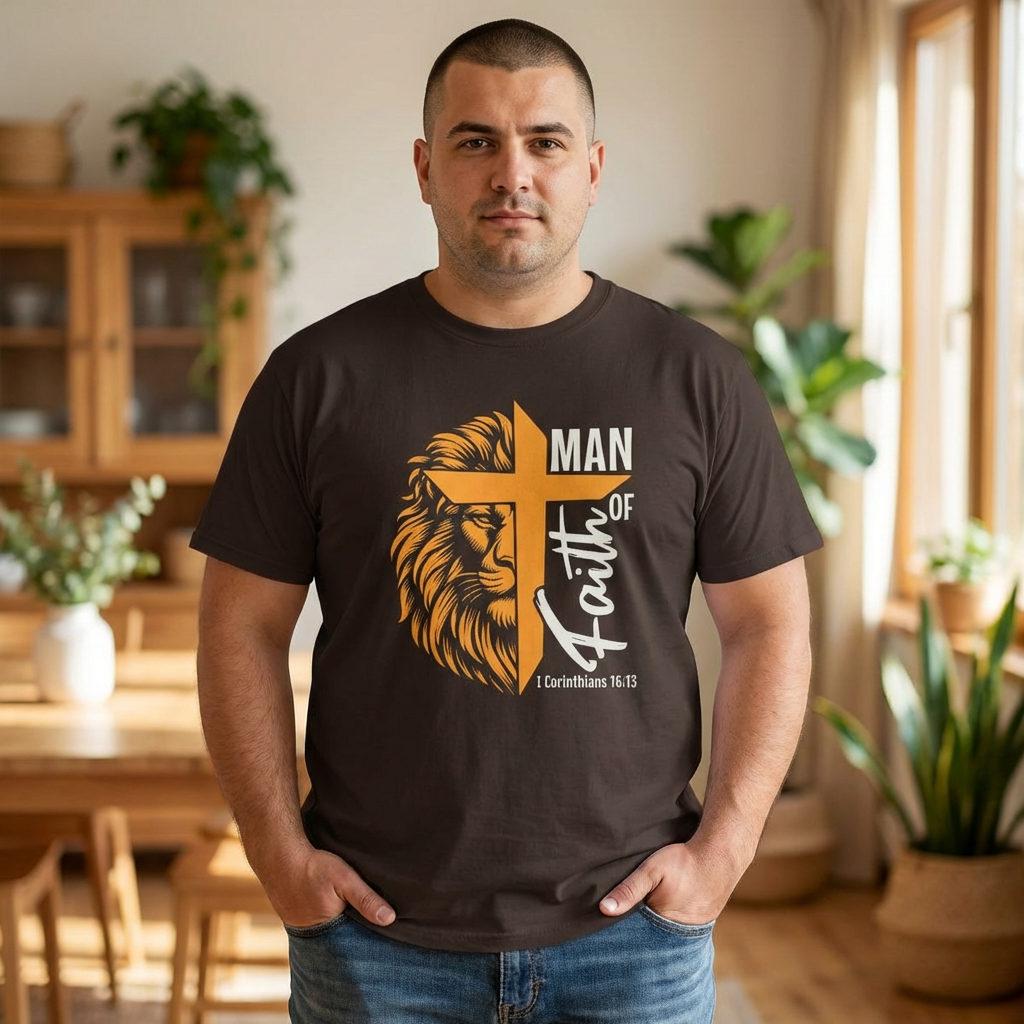 Man of Faith T-Shirt — Lion & Cross Christian Tee (1 Corinthians 16:13)