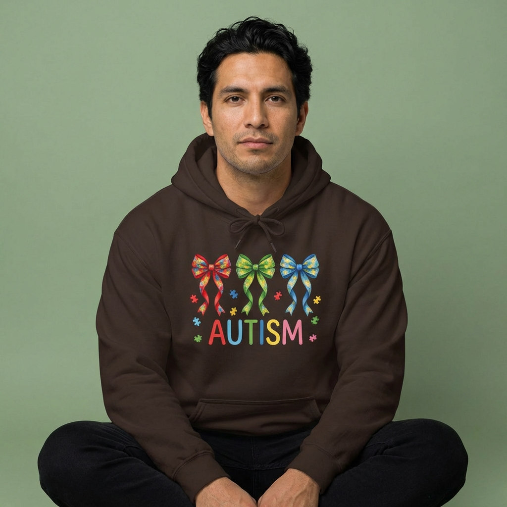 Autism Awareness Hoodie — Rainbow Puzzle Bows Design