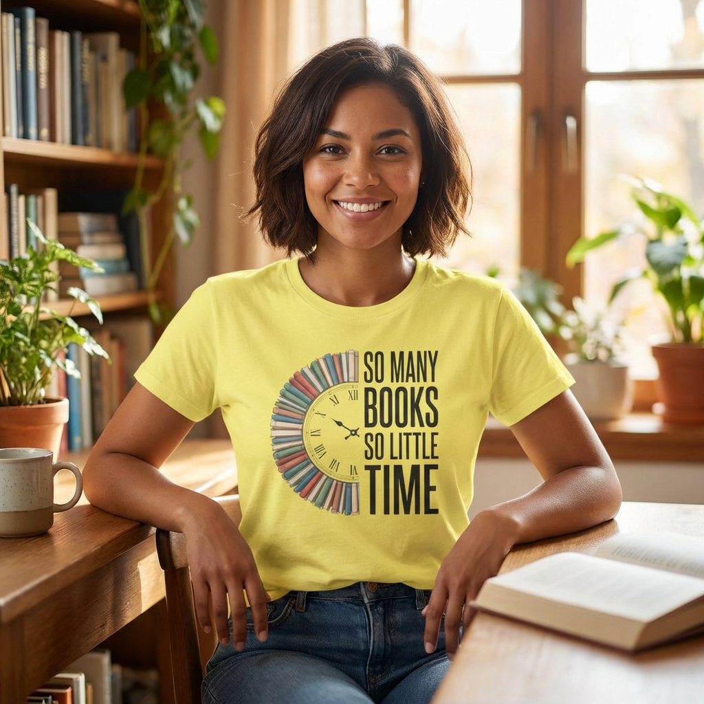 Book Lover T‑Shirt — "So Many Books, So Little Time" Clock Design