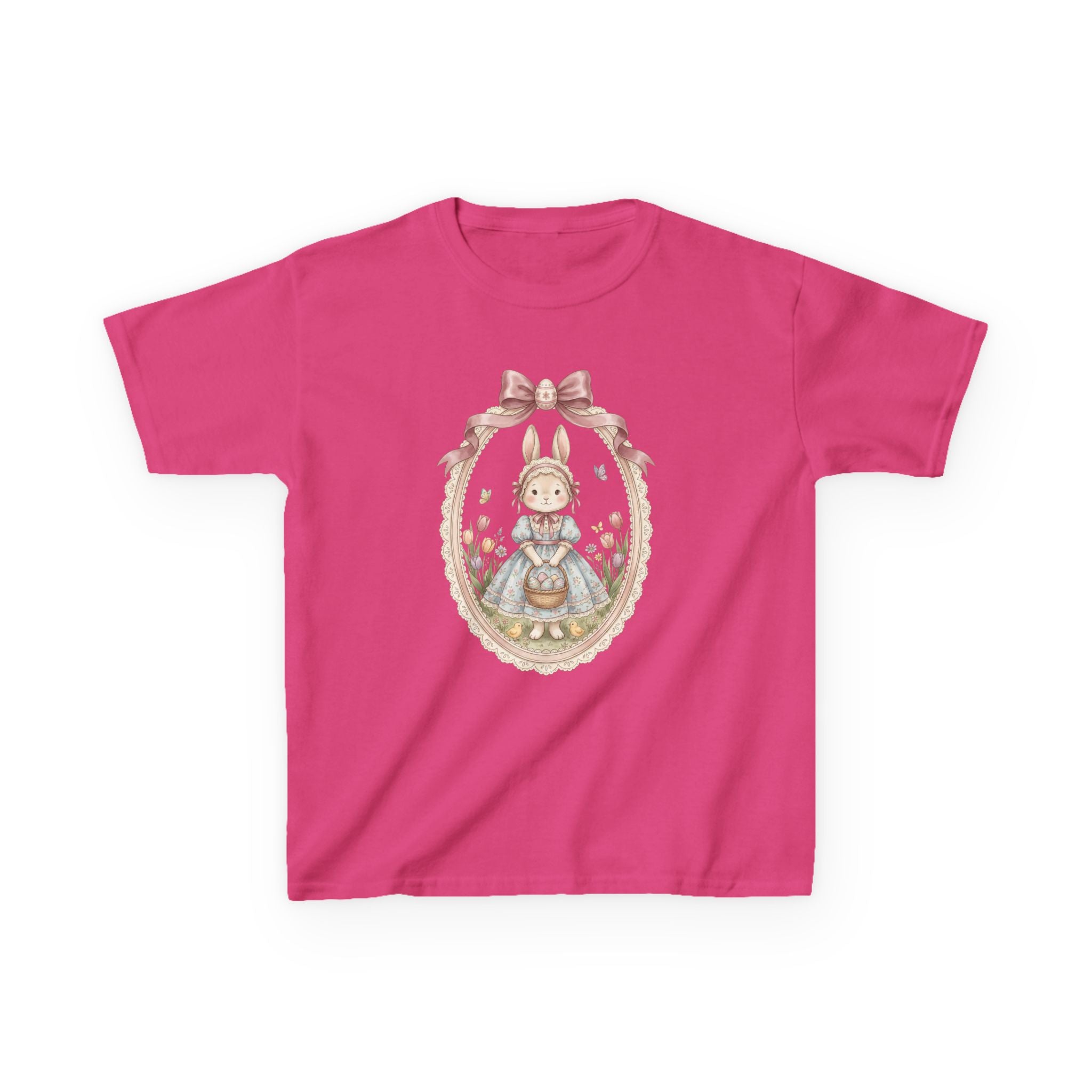 Kids T-Shirt — Vintage Bunny Girl Oval Portrait Tee (Pastel Floral, Bow Accent)