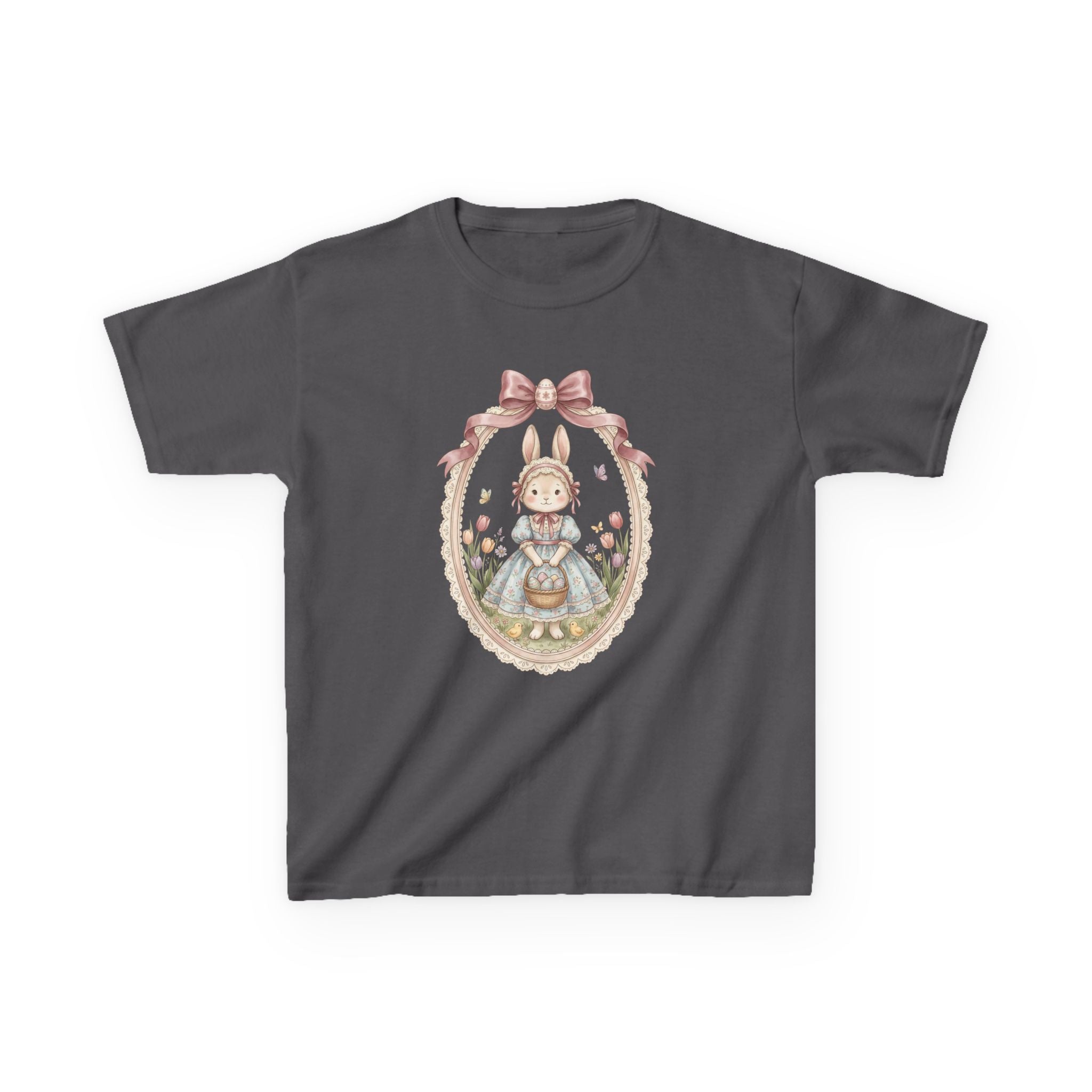 Kids T-Shirt — Vintage Bunny Girl Oval Portrait Tee (Pastel Floral, Bow Accent)
