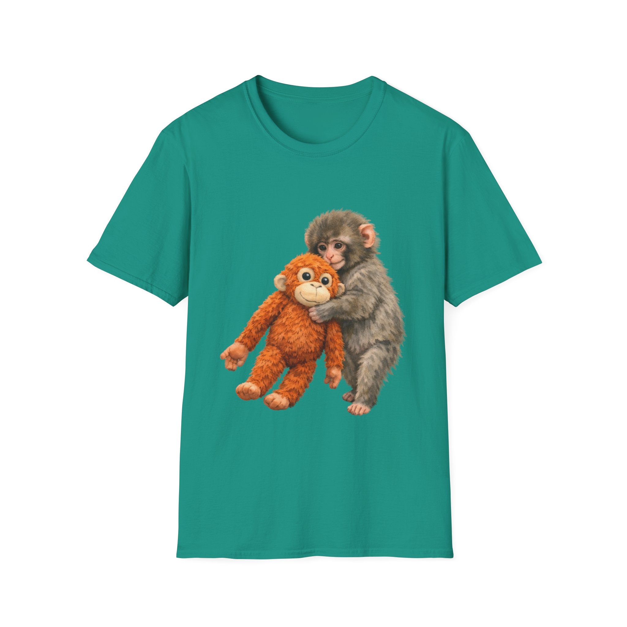 Chimpanzee with Stuffed Monkey T‑Shirt — Cute Baby Ape Holding Plush Tee