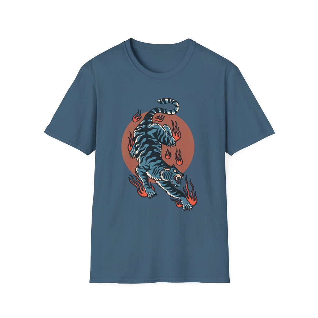 Tiger Blaze T-Shirt — Retro Flaming Tiger Graphic Tee