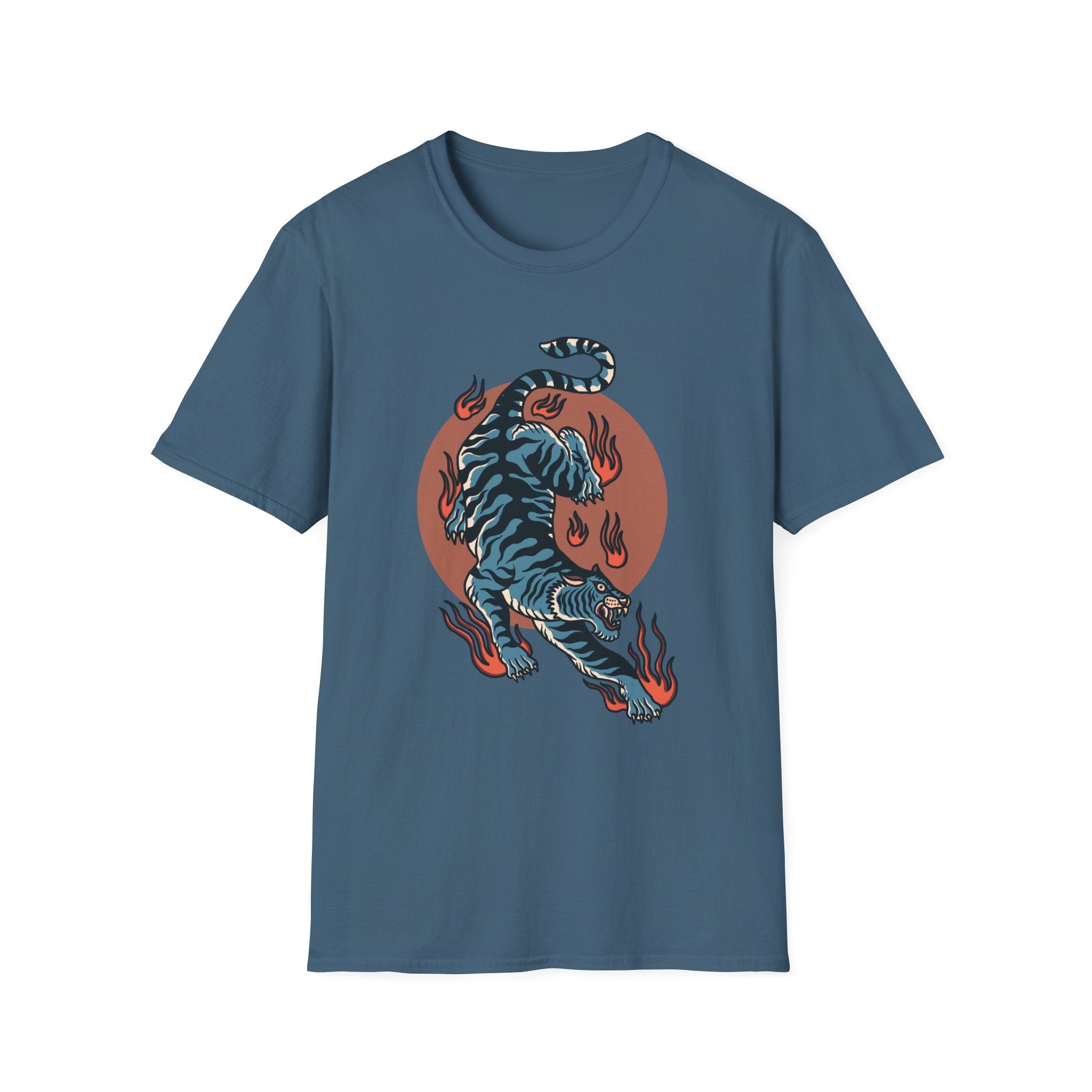 Tiger Blaze T-Shirt — Retro Flaming Tiger Graphic Tee