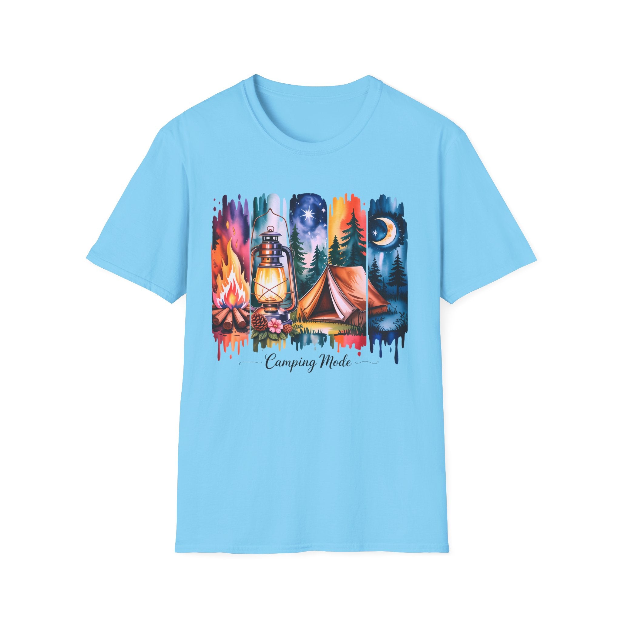 Camping Mode T-Shirt — Watercolor Campfire Lantern Tent Graphic Tee