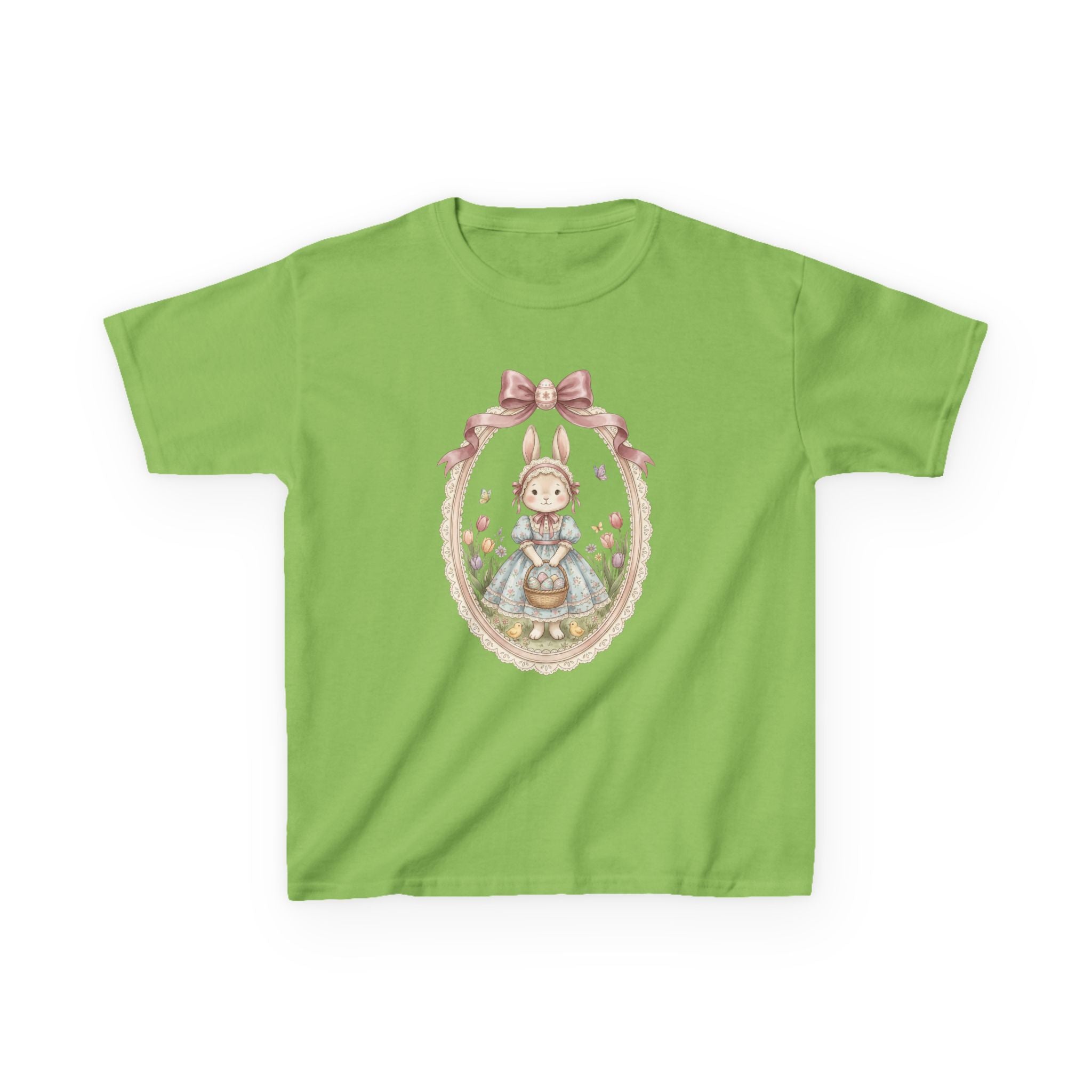 Kids T-Shirt — Vintage Bunny Girl Oval Portrait Tee (Pastel Floral, Bow Accent)