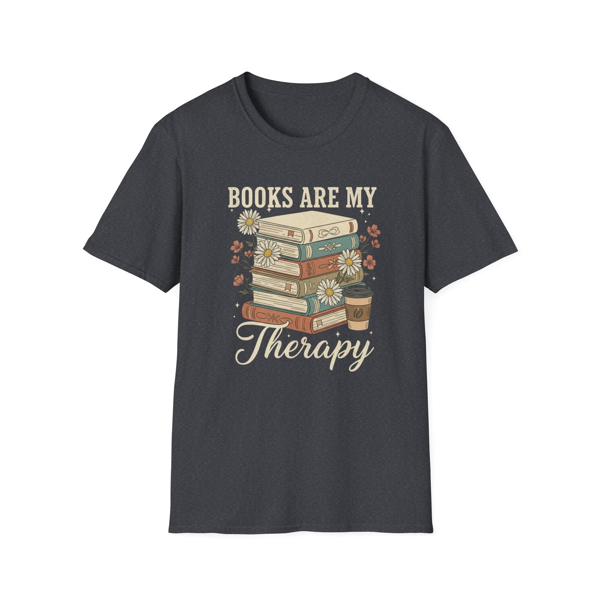 Books Are My Therapy T-Shirt — Stack of Books & Coffee Literary Tee