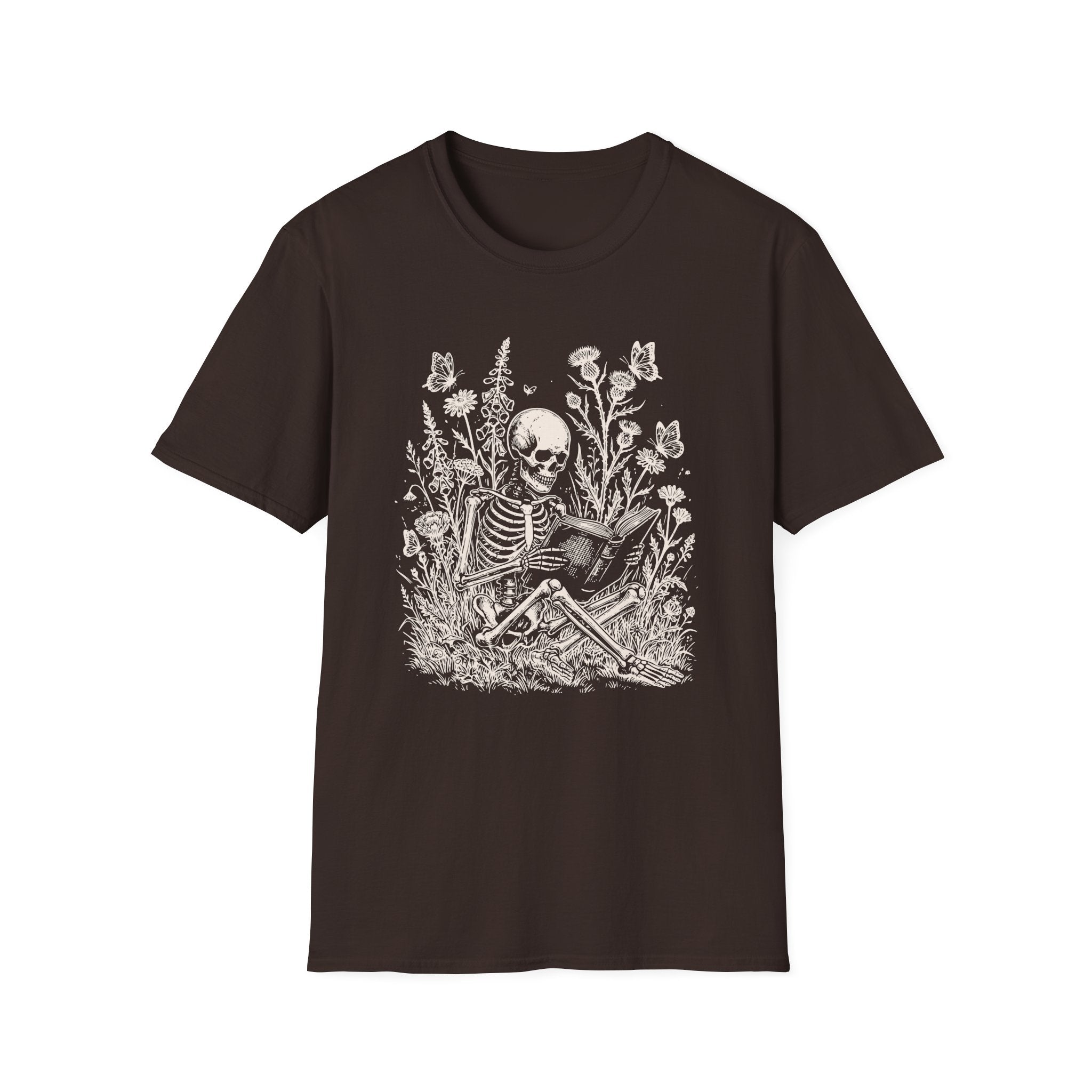 Skeleton Reading in Wildflowers T-Shirt — Gothic Floral Skull Tee