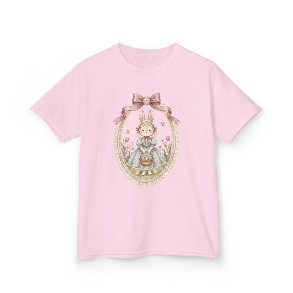 Kids T-Shirt — Vintage Bunny Girl Oval Portrait Tee (Pastel Floral, Bow Accent)