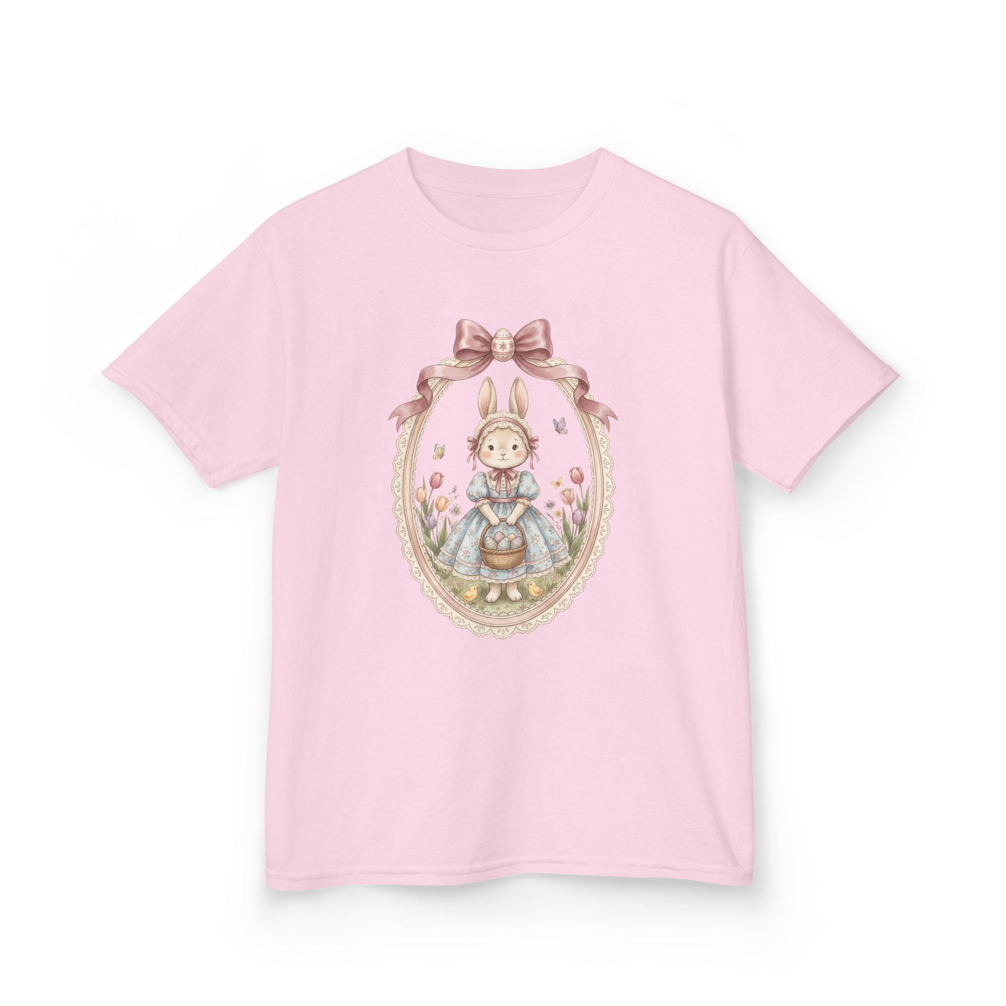 Kids T-Shirt — Vintage Bunny Girl Oval Portrait Tee (Pastel Floral, Bow Accent)