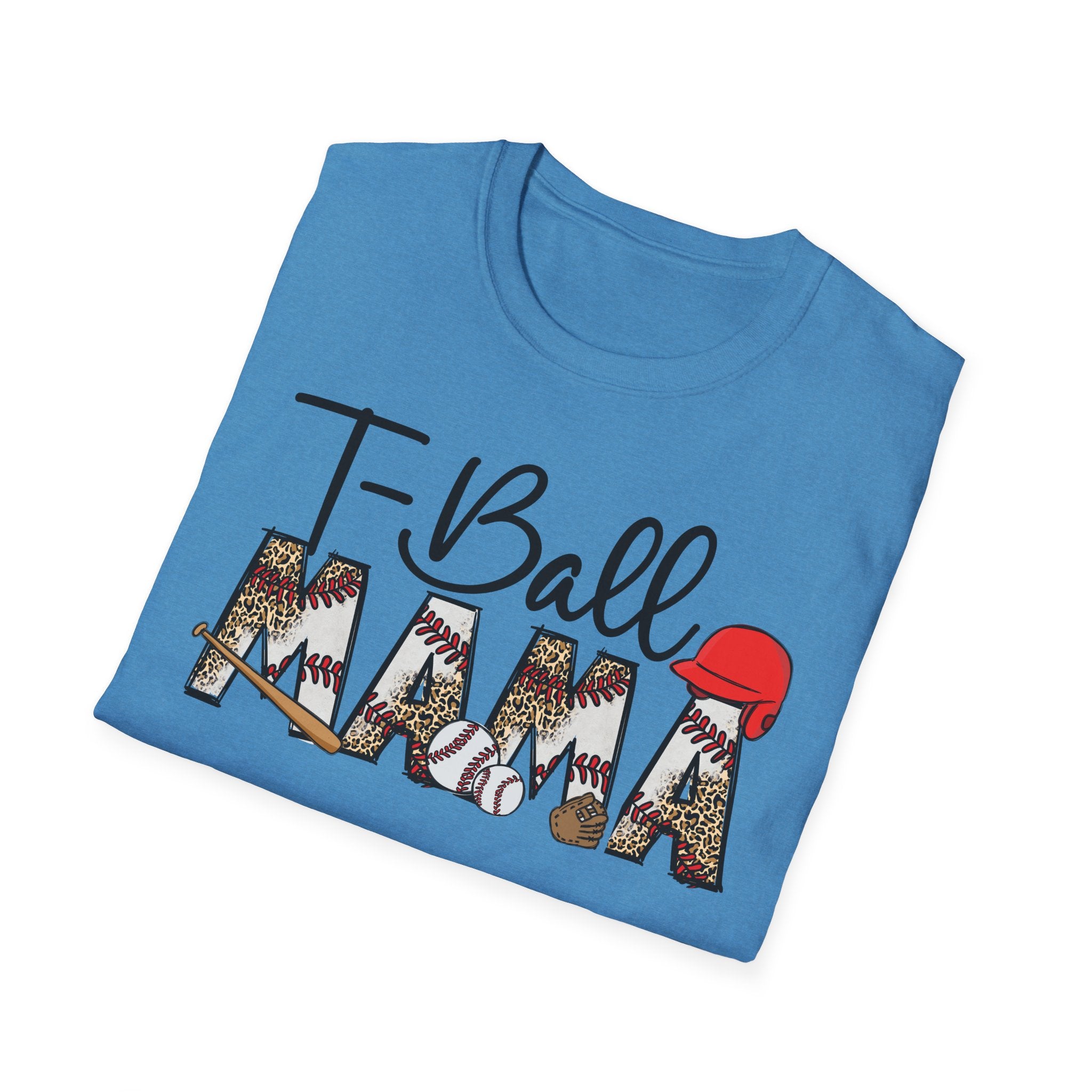 T‑Ball Mama T-Shirt — Leopard Print 'Mama' with Red Cap, Cute Sports Mom Tee