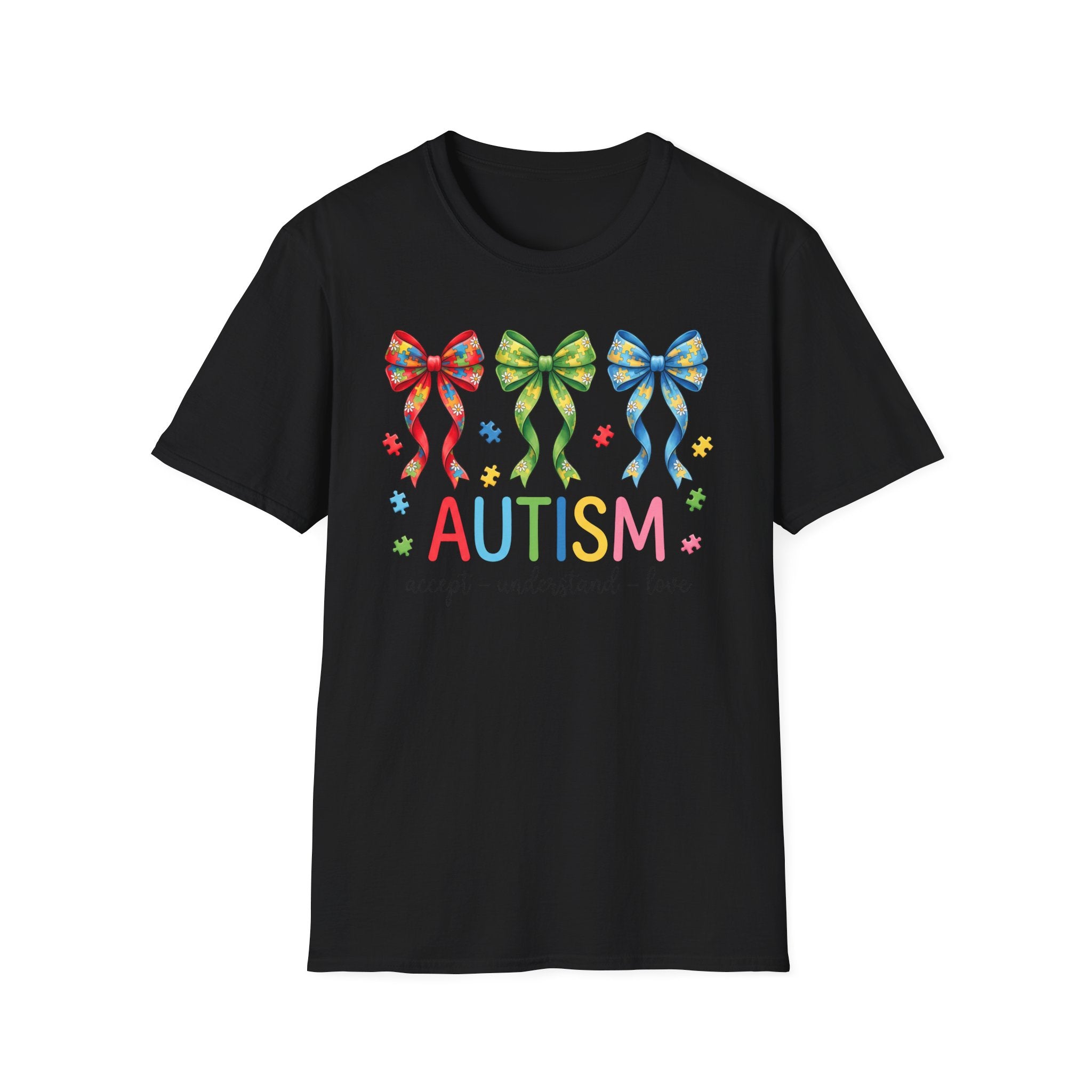 Autism Awareness T-Shirt — "Autism: Accept • Understand • Love" with Colorful Ribbon Bows