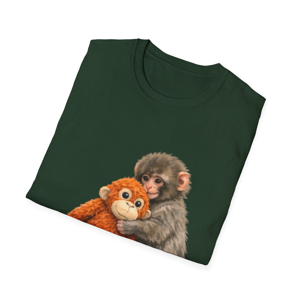 Chimpanzee with Stuffed Monkey T‑Shirt — Cute Baby Ape Holding Plush Tee