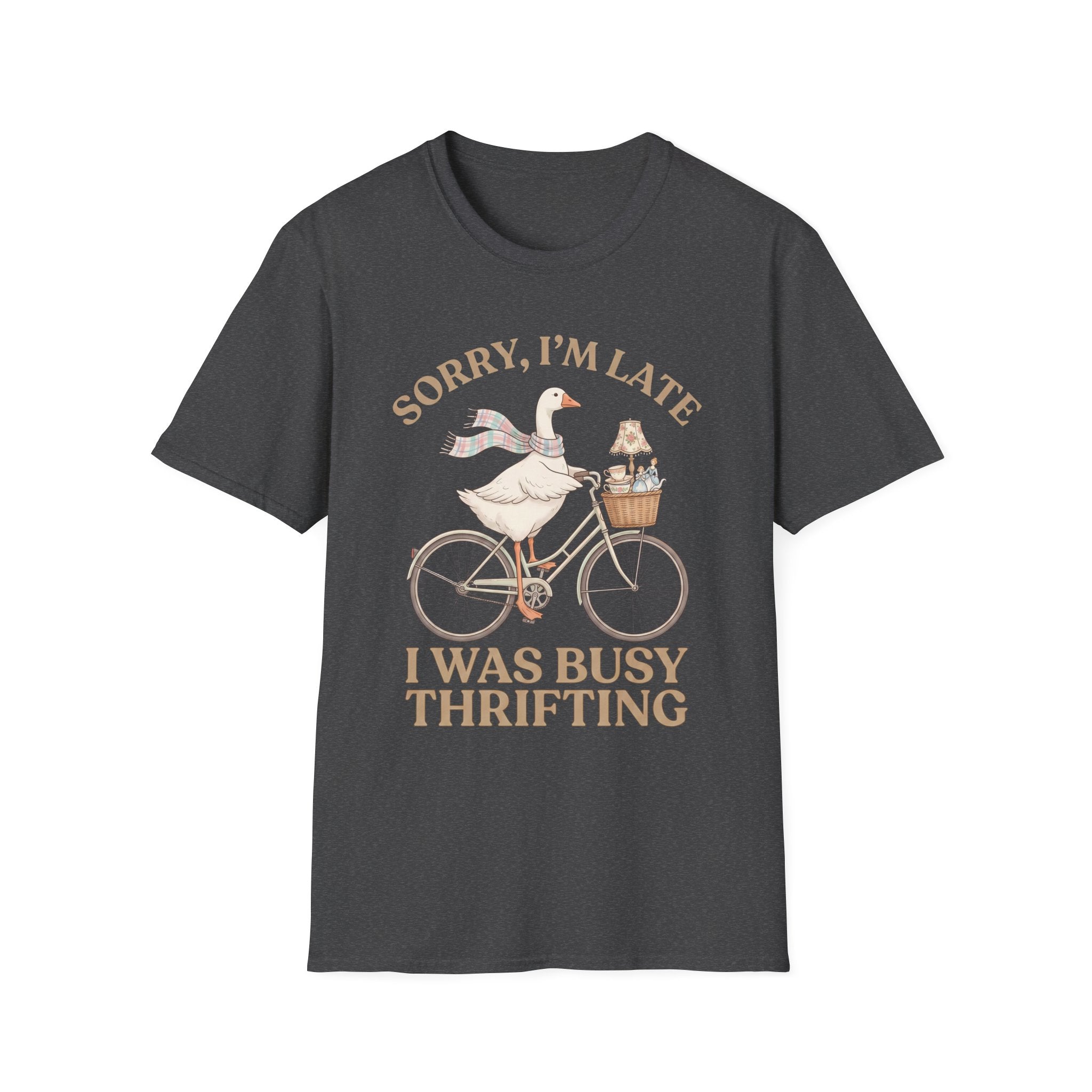Thrifting Goose T‑Shirt — "Sorry I'm Late I Was Busy Thrifting" Vintage Bike Design