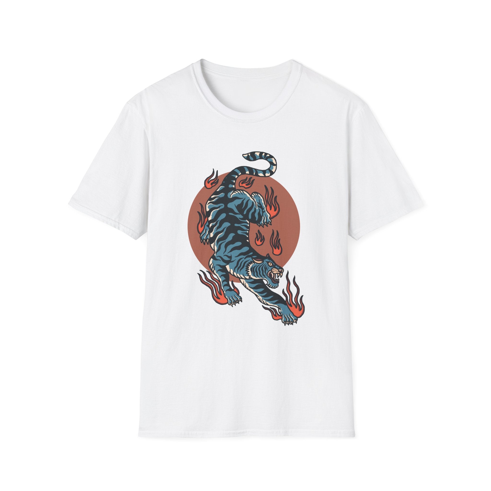 Tiger Blaze T-Shirt — Retro Flaming Tiger Graphic Tee
