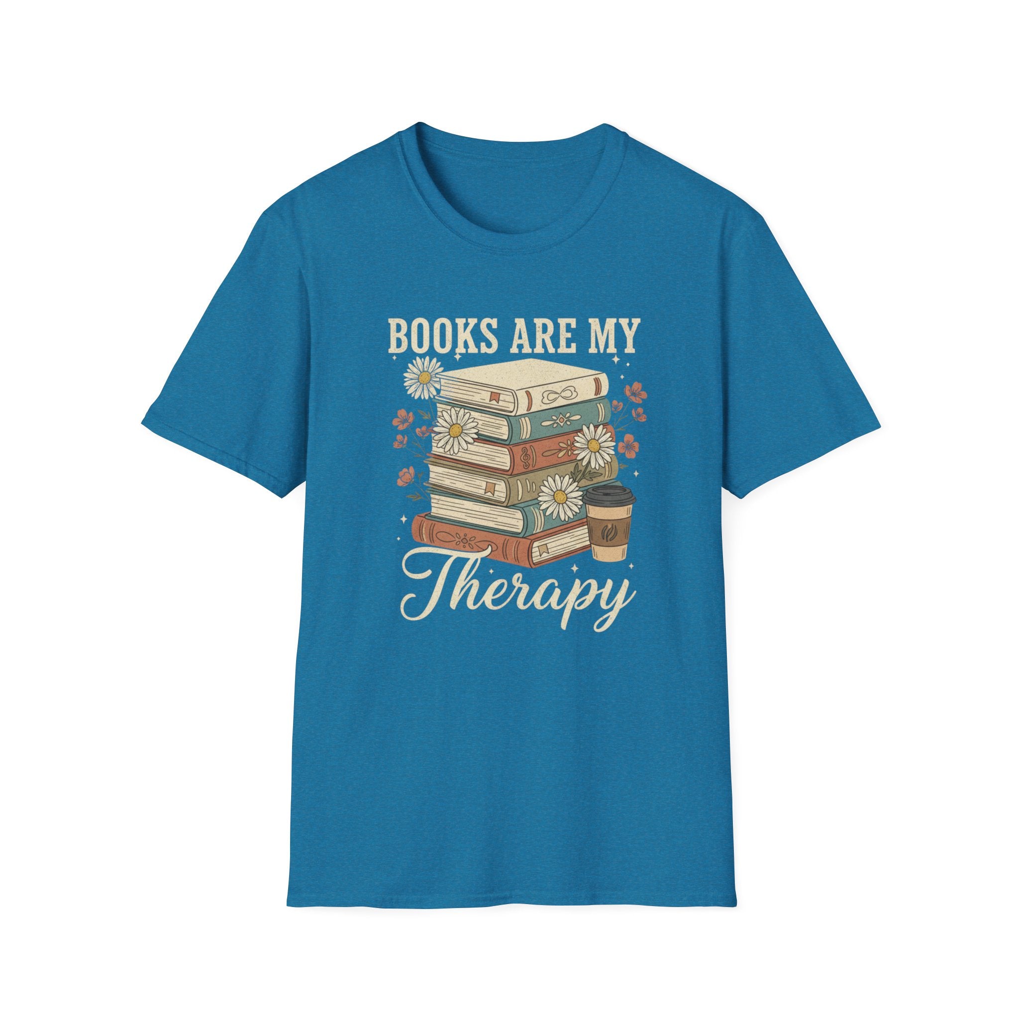 Books Are My Therapy T-Shirt — Stack of Books & Coffee Literary Tee